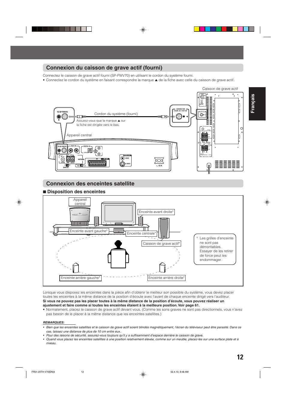 Connexion du caisson de grave actif (fourni), Connexion des enceintes satellite, Fran ç ais | 7 disposition des enceintes | JVC DVD CINEMA SYSTEM TH-V70R User Manual | Page 95 / 241