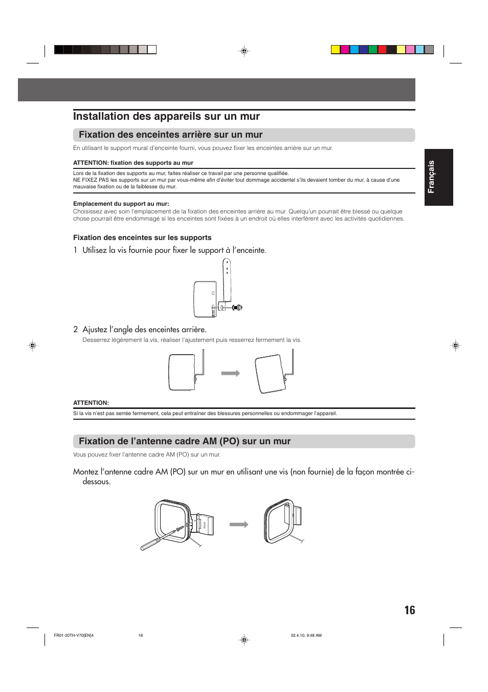 Installation des appareils sur un mur, Fixation des enceintes arrière sur un mur, Fixation de l’antenne cadre am (po) sur un mur | JVC DVD CINEMA SYSTEM TH-V70R User Manual | Page 99 / 241