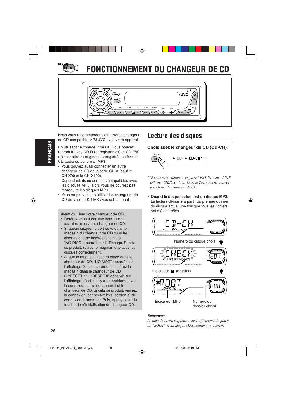 Fonctionnement du changeur de cd, Lecture des disques | JVC KD-AR400 User Manual | Page 100 / 111