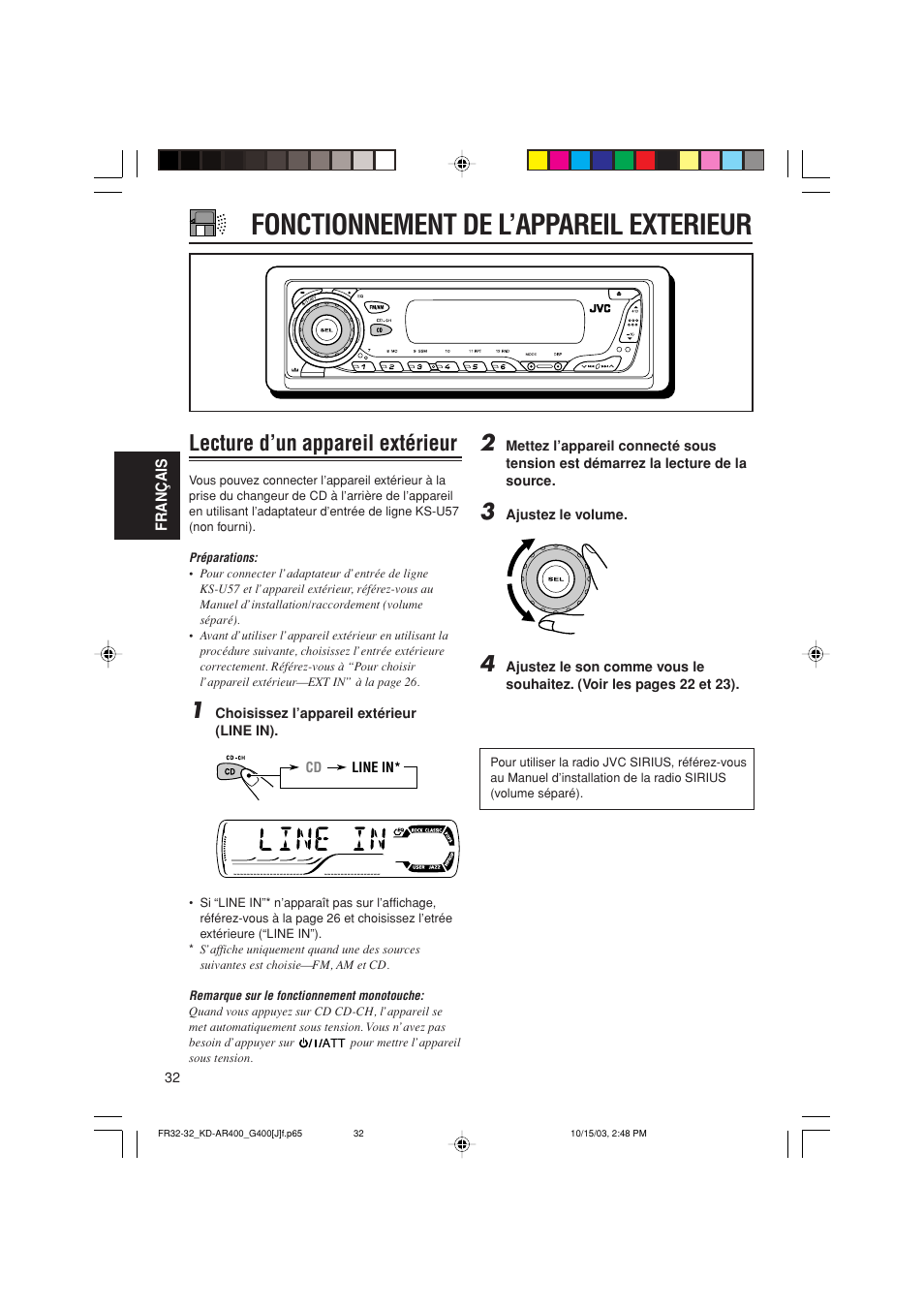Fonctionnement de l’appareil exterieur, Lecture d’un appareil extérieur | JVC KD-AR400 User Manual | Page 104 / 111