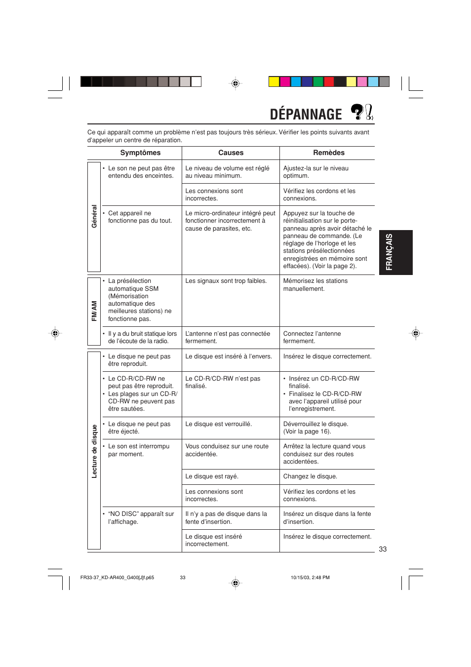 Dépannage, Fran ç ais | JVC KD-AR400 User Manual | Page 105 / 111