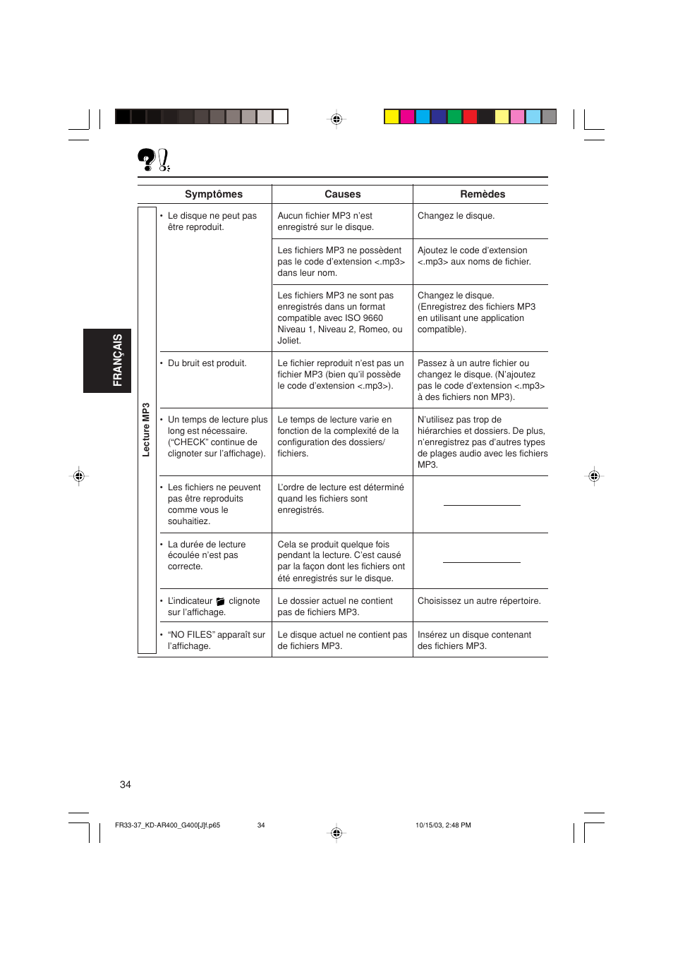 Fran ç ais | JVC KD-AR400 User Manual | Page 106 / 111