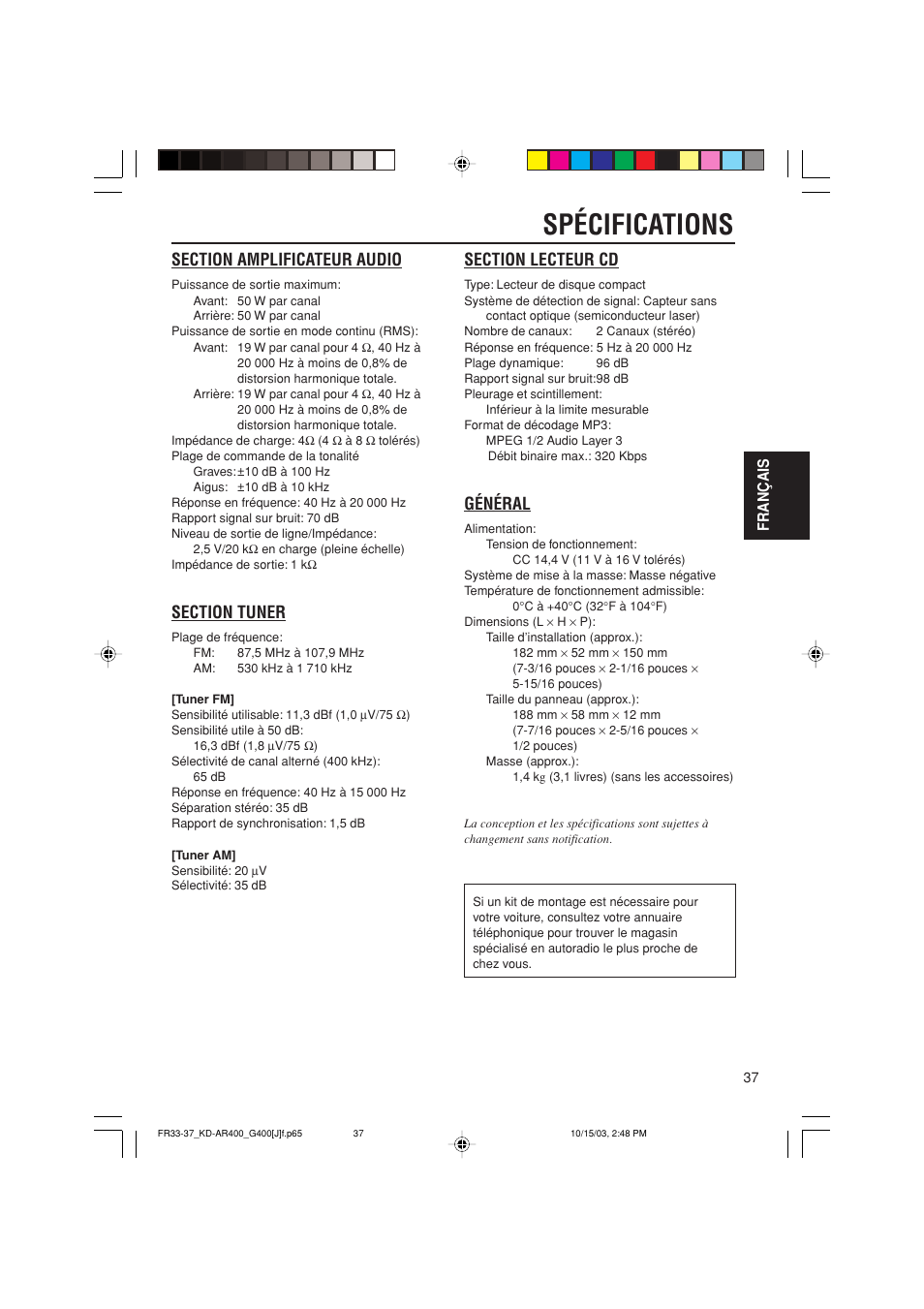 Spécifications, Général, Fran ç ais | JVC KD-AR400 User Manual | Page 109 / 111