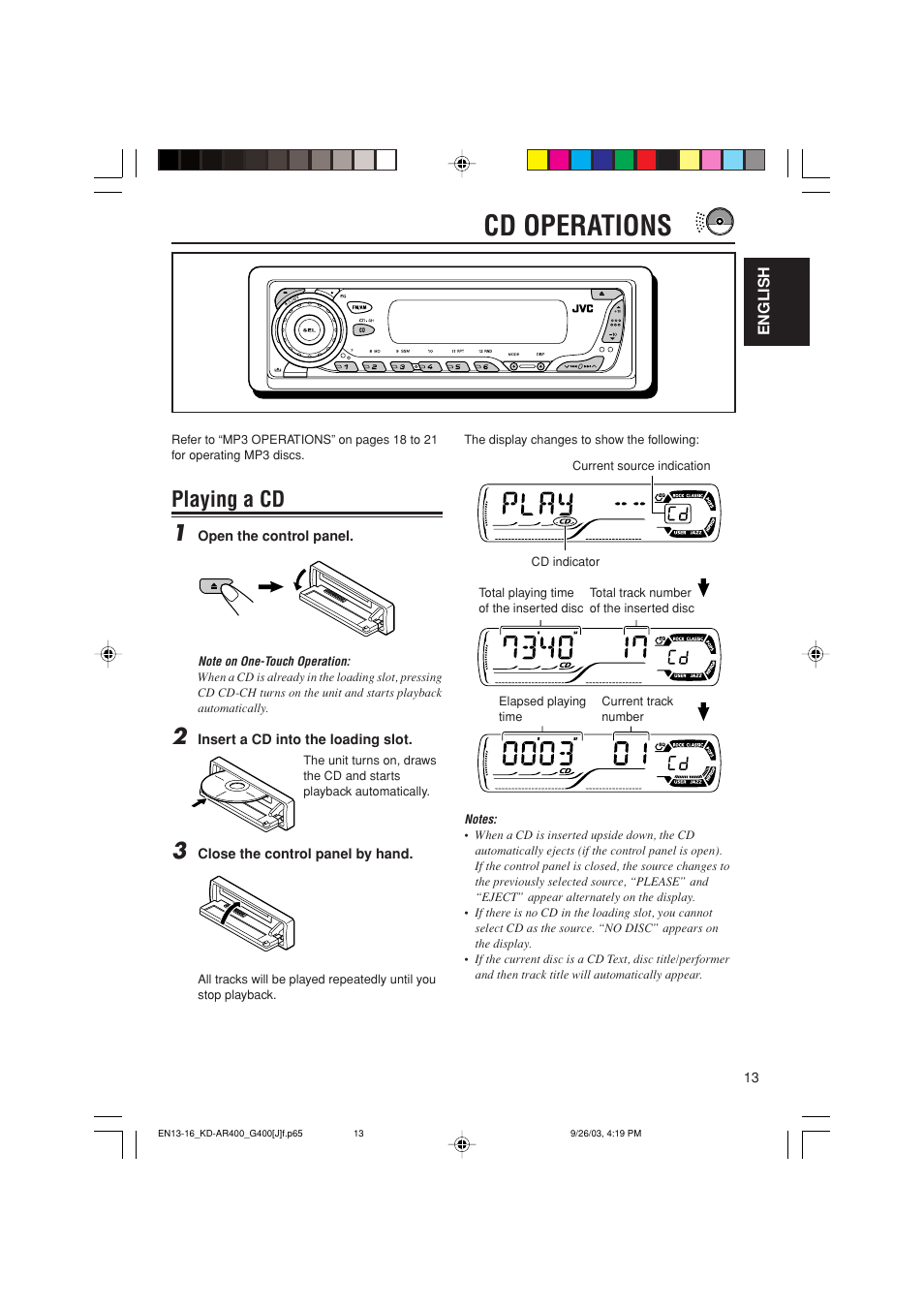 Cd operations, Playing a cd 1 | JVC KD-AR400 User Manual | Page 13 / 111