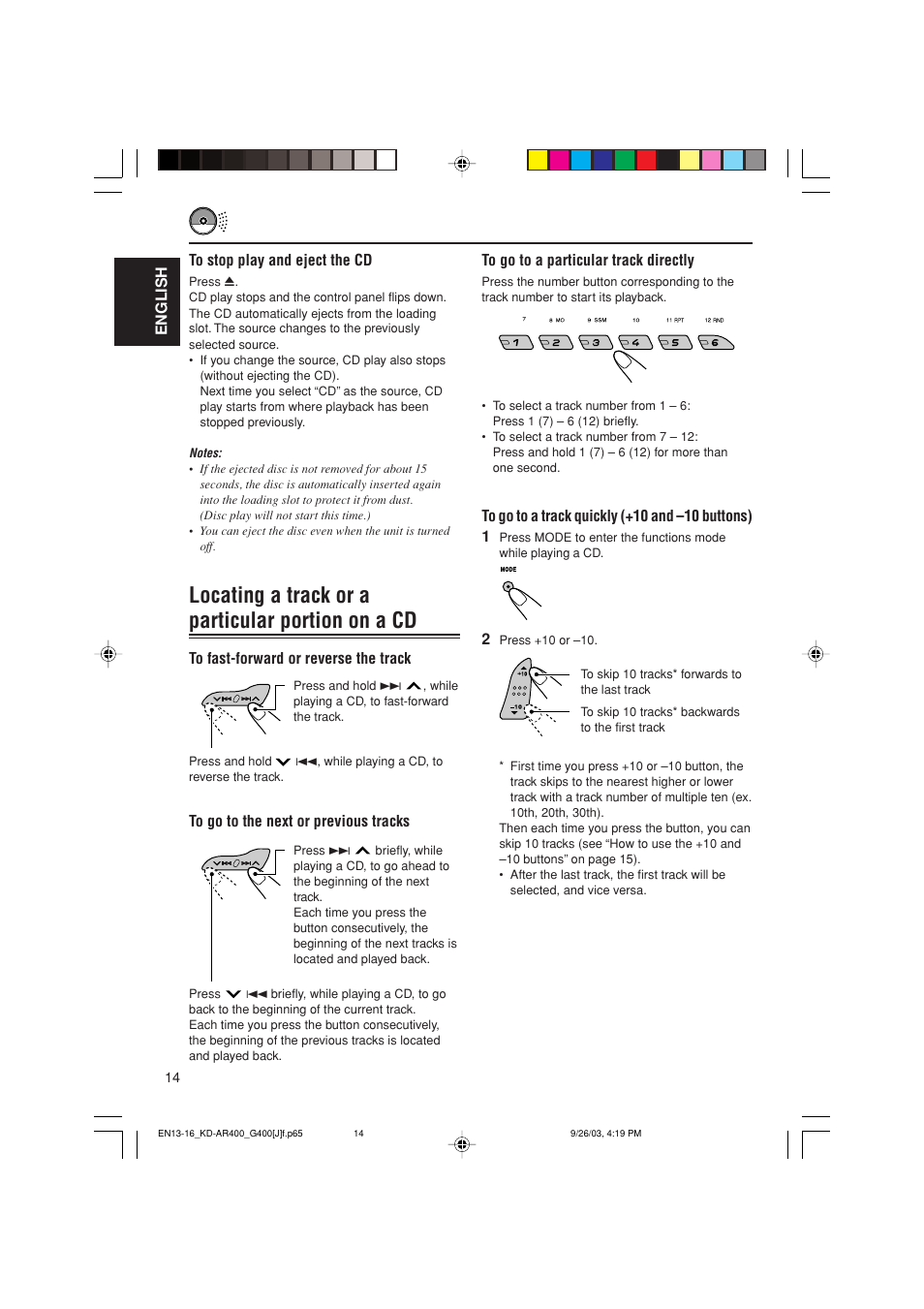 Locating a track or a particular portion on a cd, English to go to a particular track directly | JVC KD-AR400 User Manual | Page 14 / 111