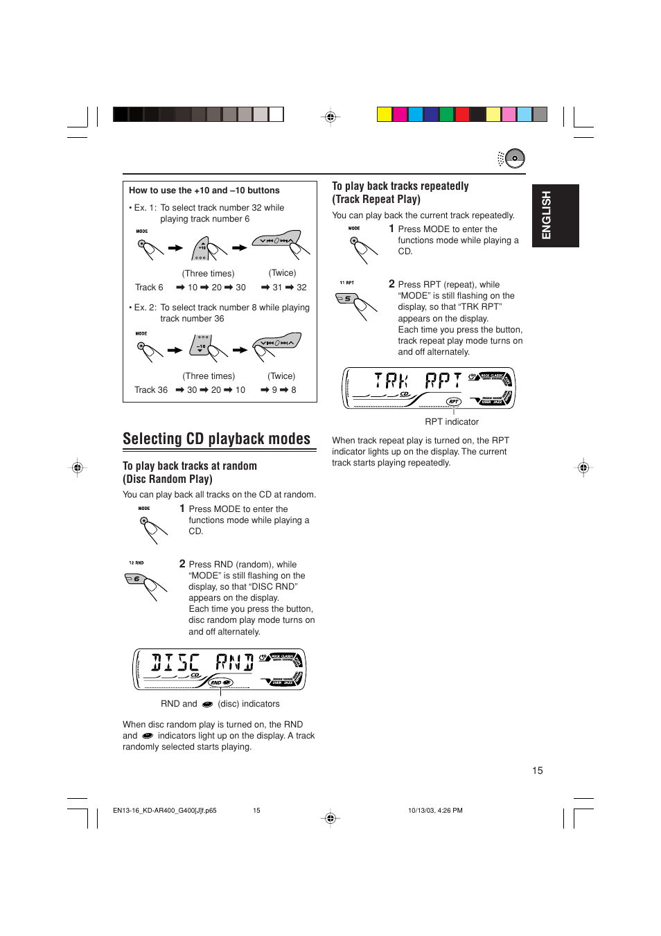 Selecting cd playback modes | JVC KD-AR400 User Manual | Page 15 / 111