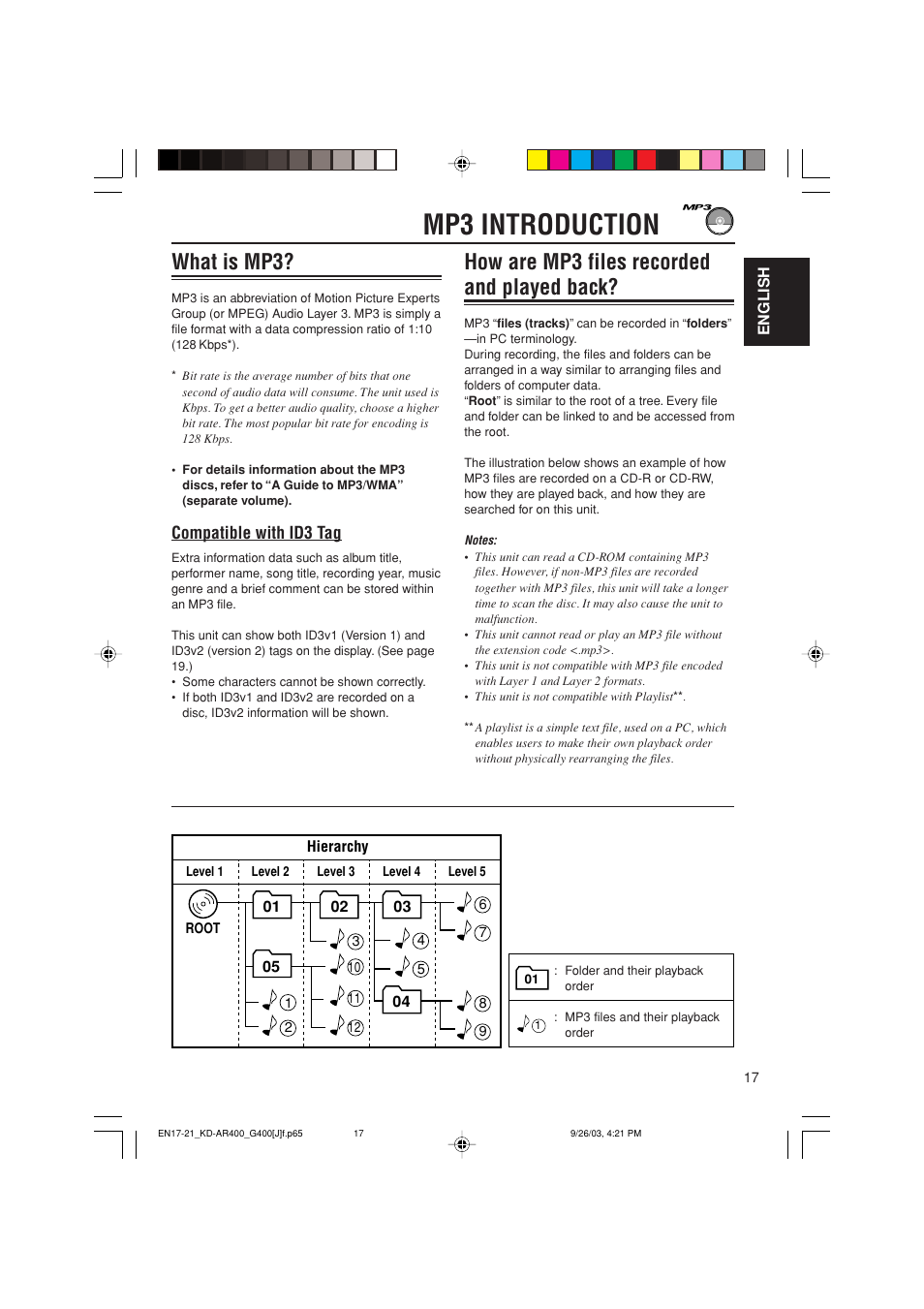 Mp3 introduction, What is mp3, How are mp3 files recorded and played back | Compatible with id3 tag | JVC KD-AR400 User Manual | Page 17 / 111