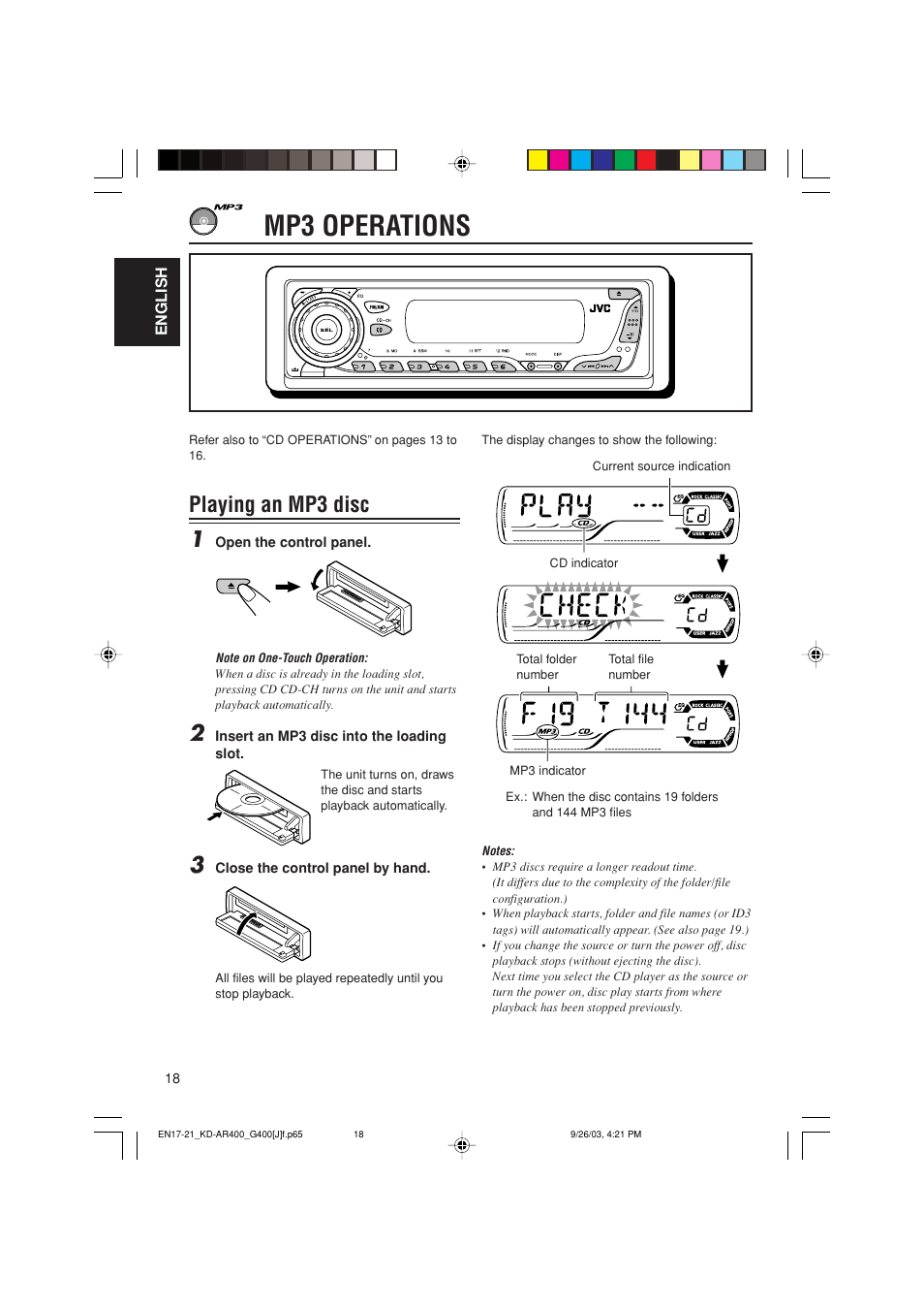 Mp3 operations, Playing an mp3 disc 1 | JVC KD-AR400 User Manual | Page 18 / 111