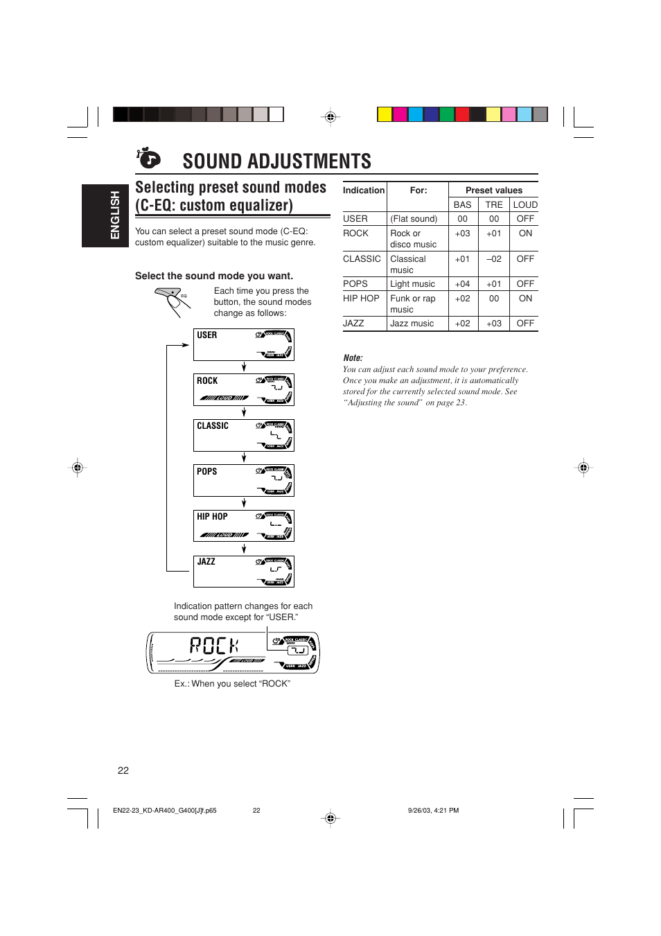 Sound adjustments, English | JVC KD-AR400 User Manual | Page 22 / 111