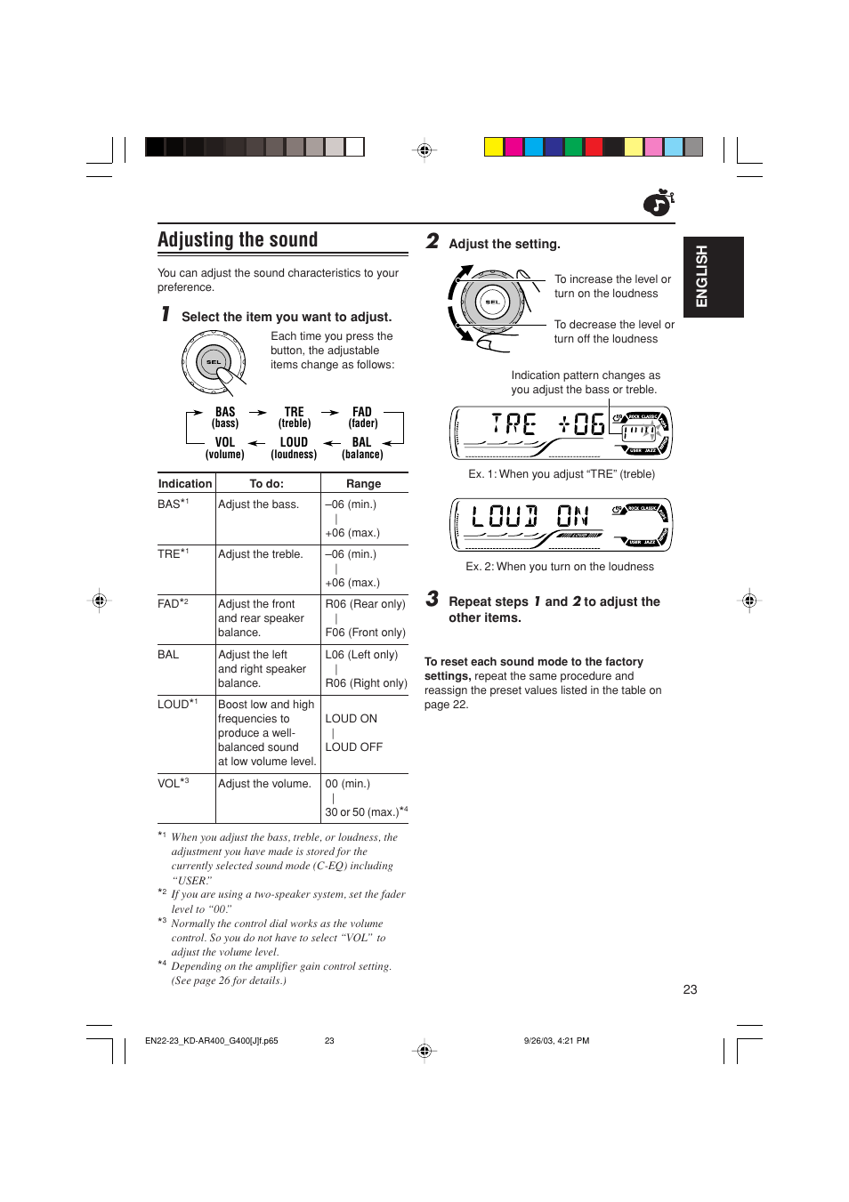 Adjusting the sound, English | JVC KD-AR400 User Manual | Page 23 / 111