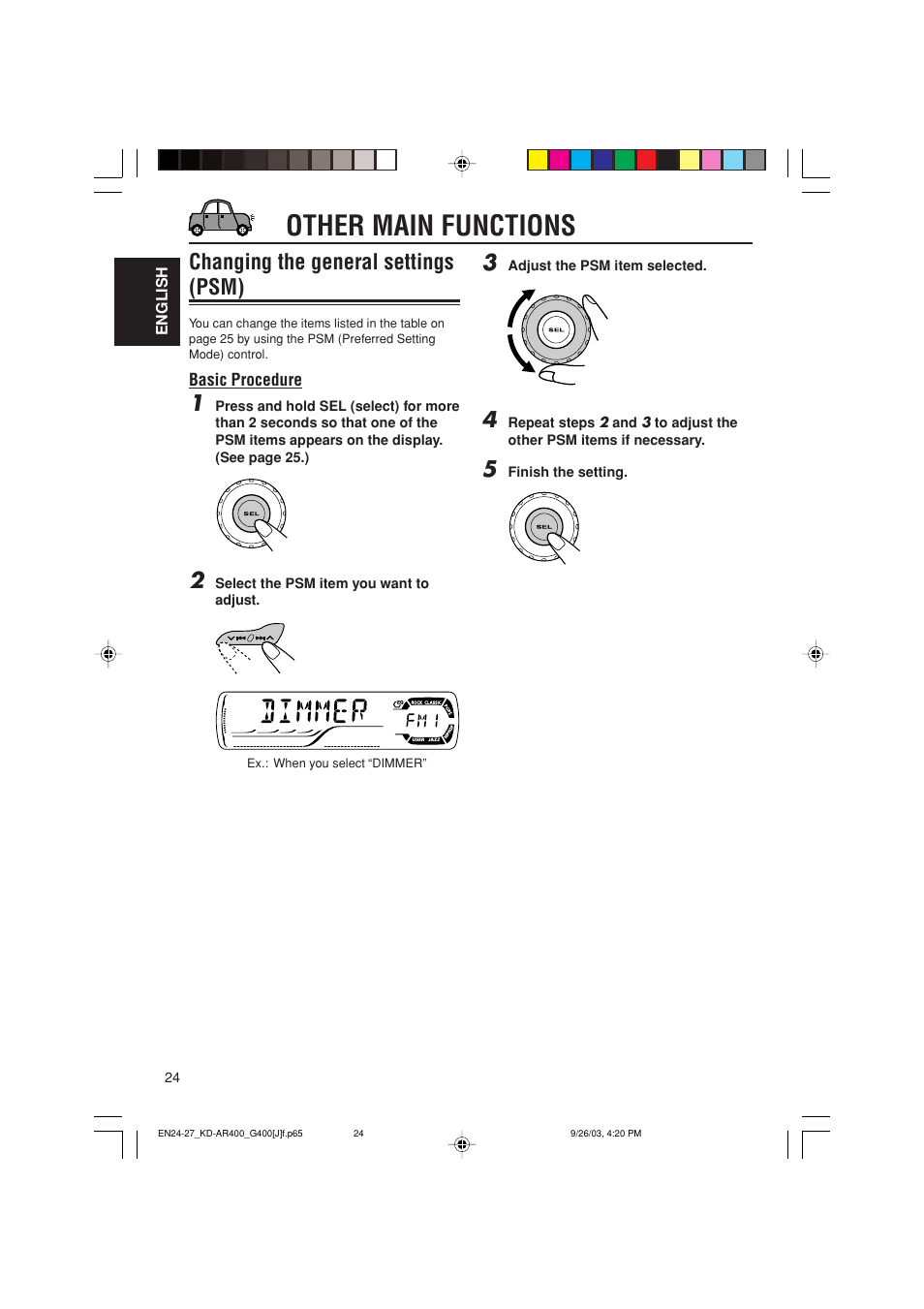 Other main functions, Changing the general settings (psm) | JVC KD-AR400 User Manual | Page 24 / 111