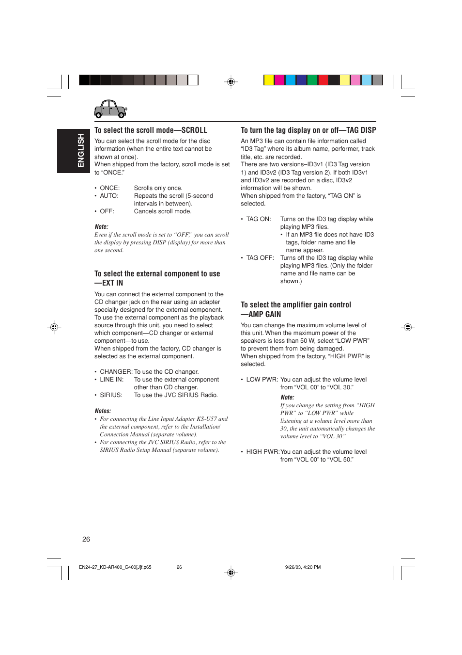 English to select the scroll mode—scroll | JVC KD-AR400 User Manual | Page 26 / 111