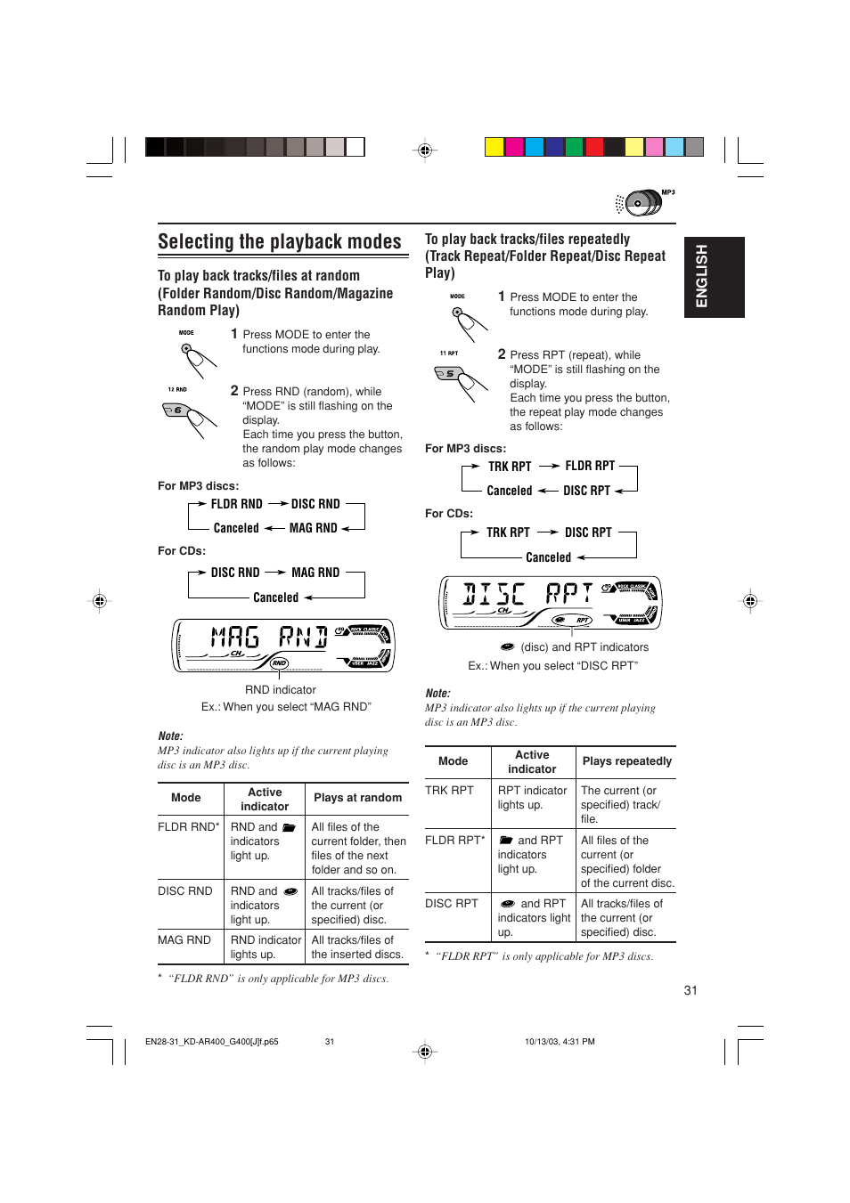 Selecting the playback modes | JVC KD-AR400 User Manual | Page 31 / 111