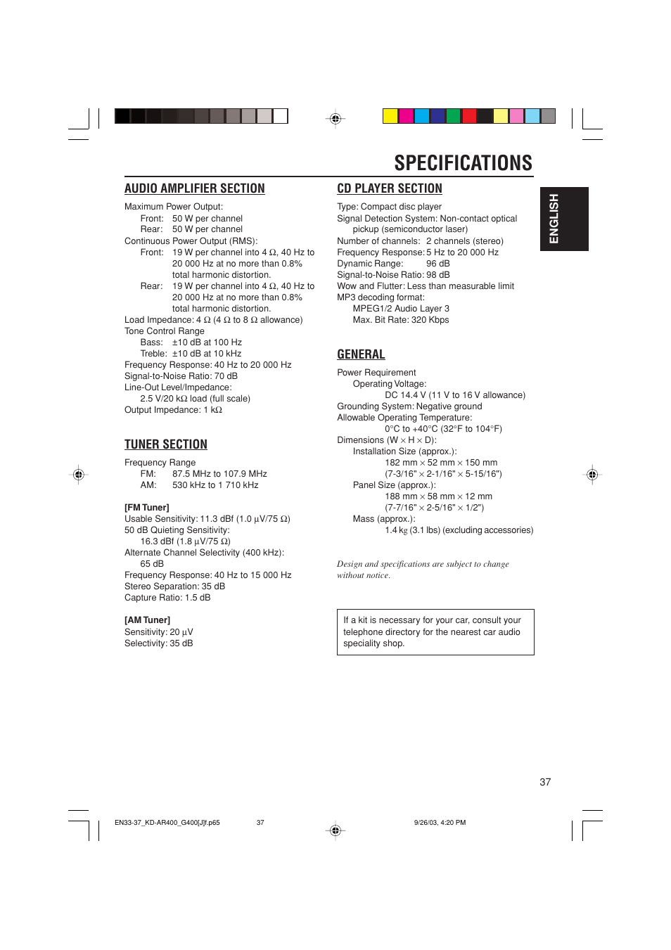 Specifications, General, English | JVC KD-AR400 User Manual | Page 37 / 111