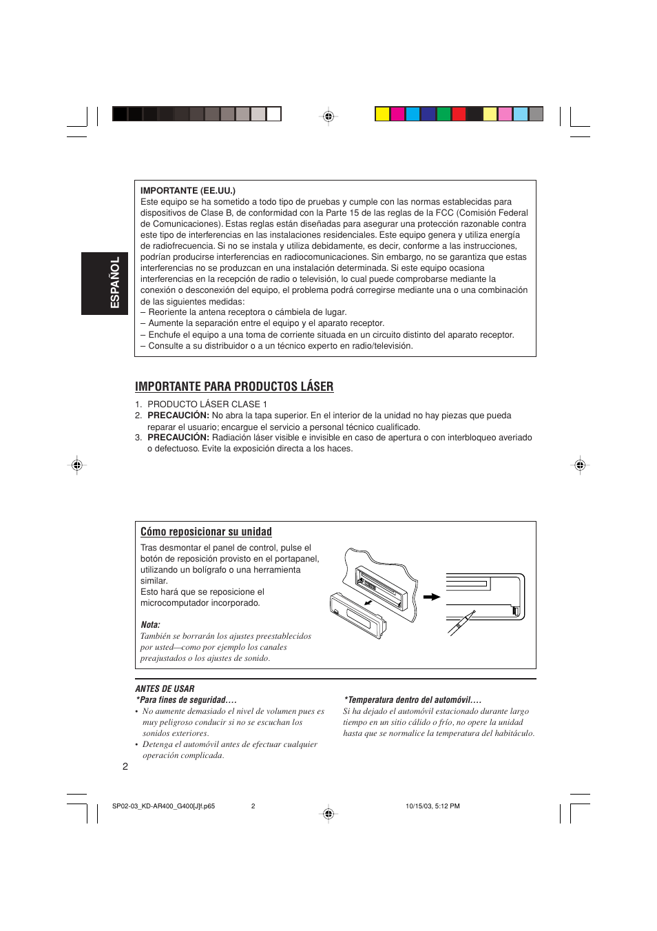 Importante para productos láser | JVC KD-AR400 User Manual | Page 38 / 111