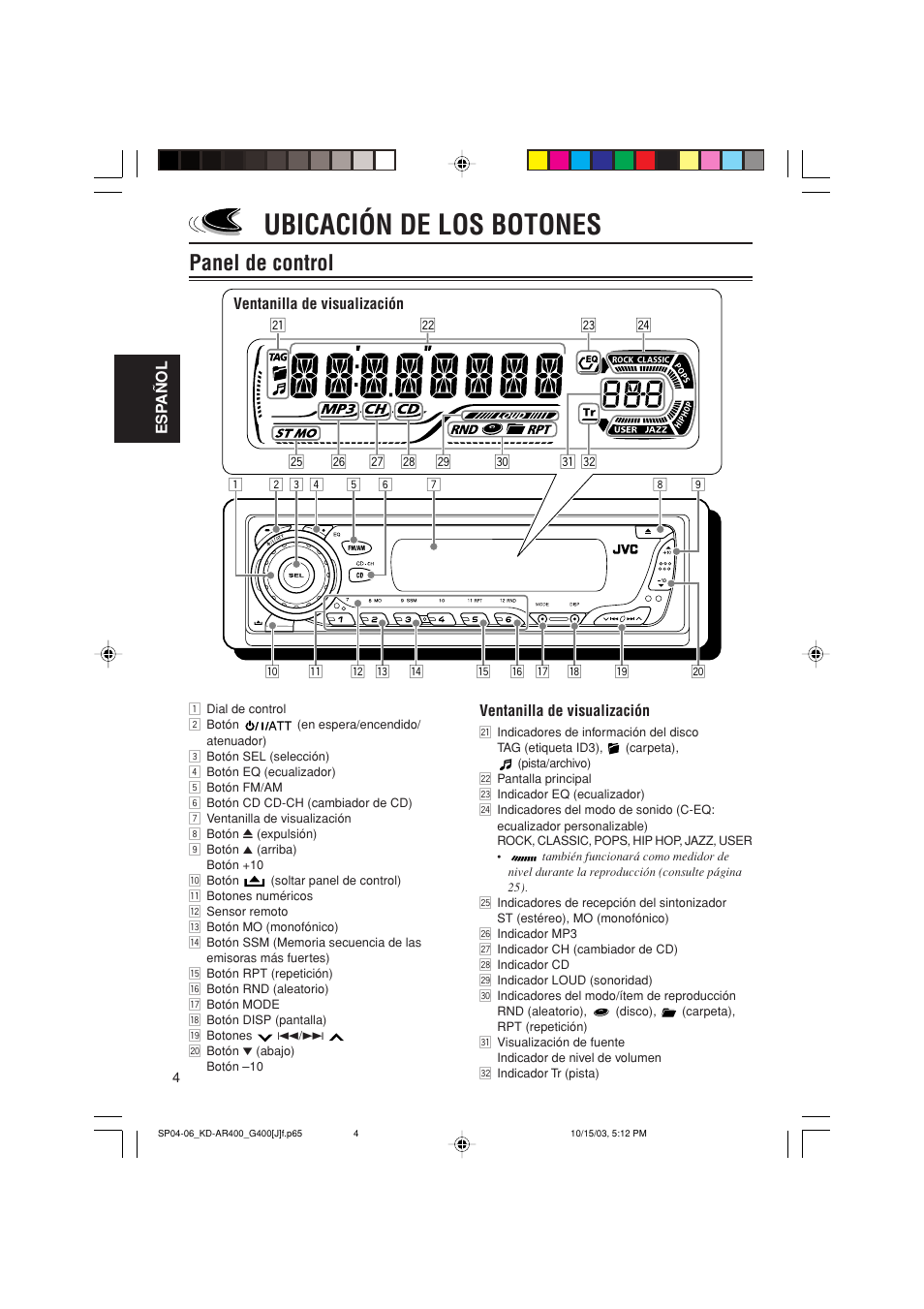 Ubicación de los botones, Panel de control | JVC KD-AR400 User Manual | Page 40 / 111