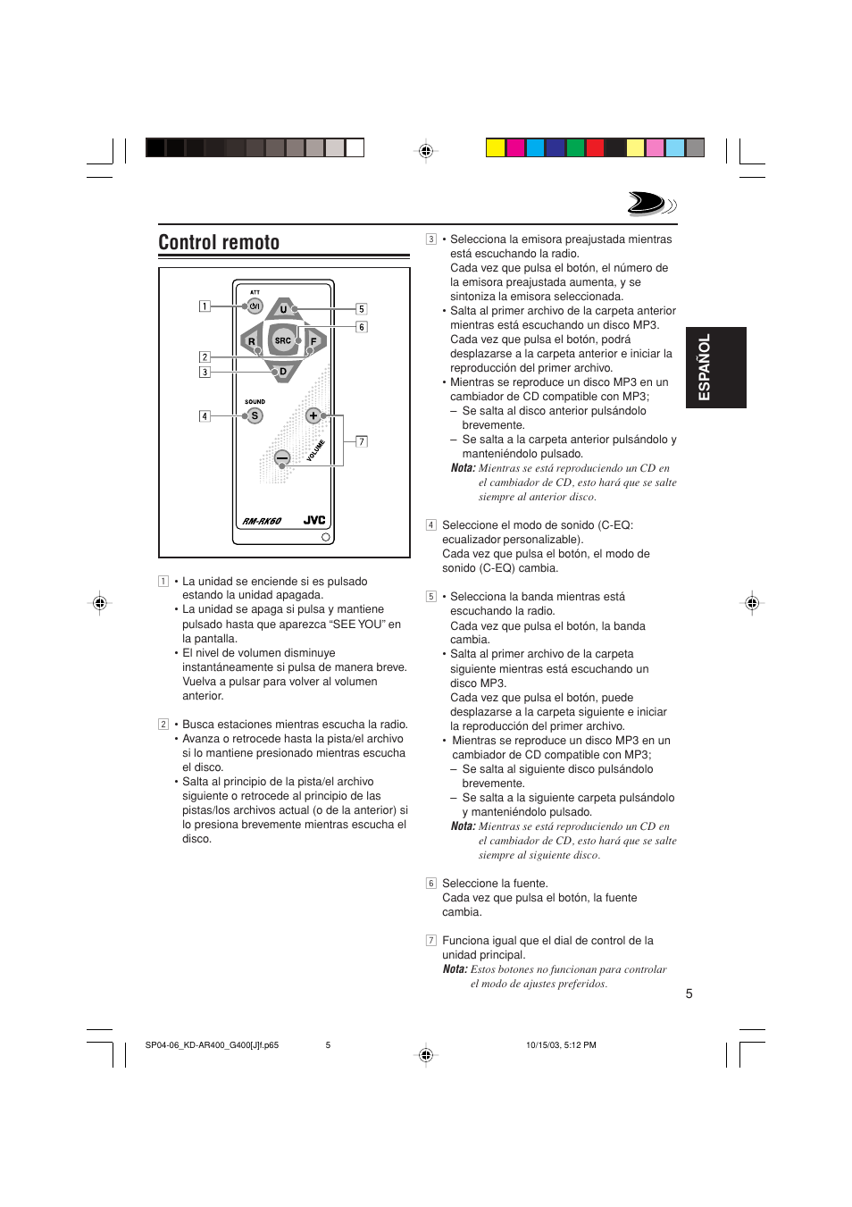 Control remoto, Esp a ñ ol | JVC KD-AR400 User Manual | Page 41 / 111