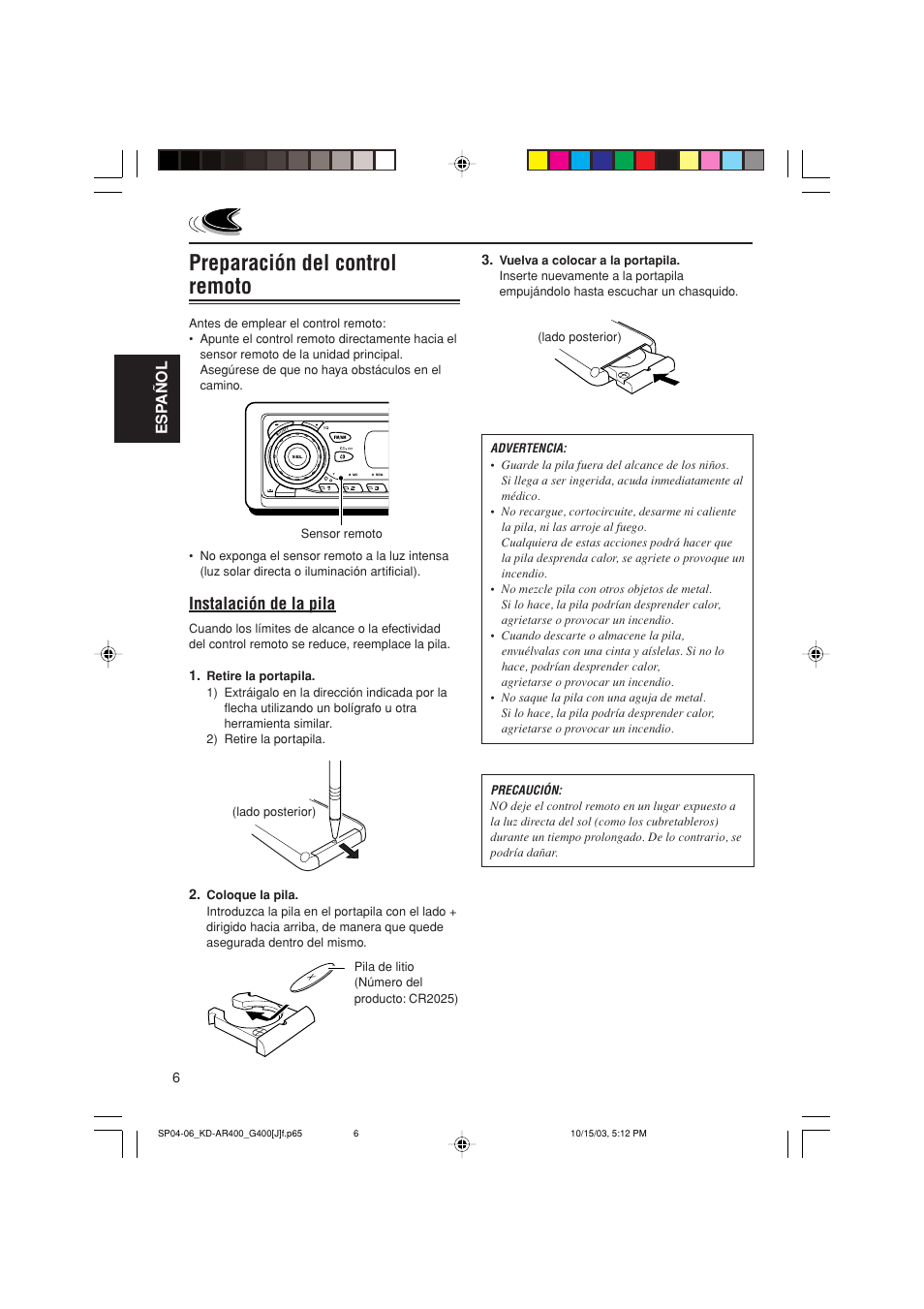 Preparación del control remoto, Instalación de la pila | JVC KD-AR400 User Manual | Page 42 / 111