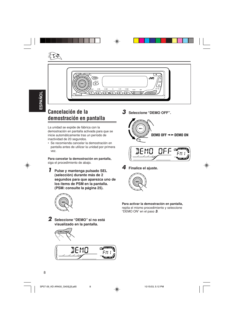 Cancelación de la demostración en pantalla | JVC KD-AR400 User Manual | Page 44 / 111
