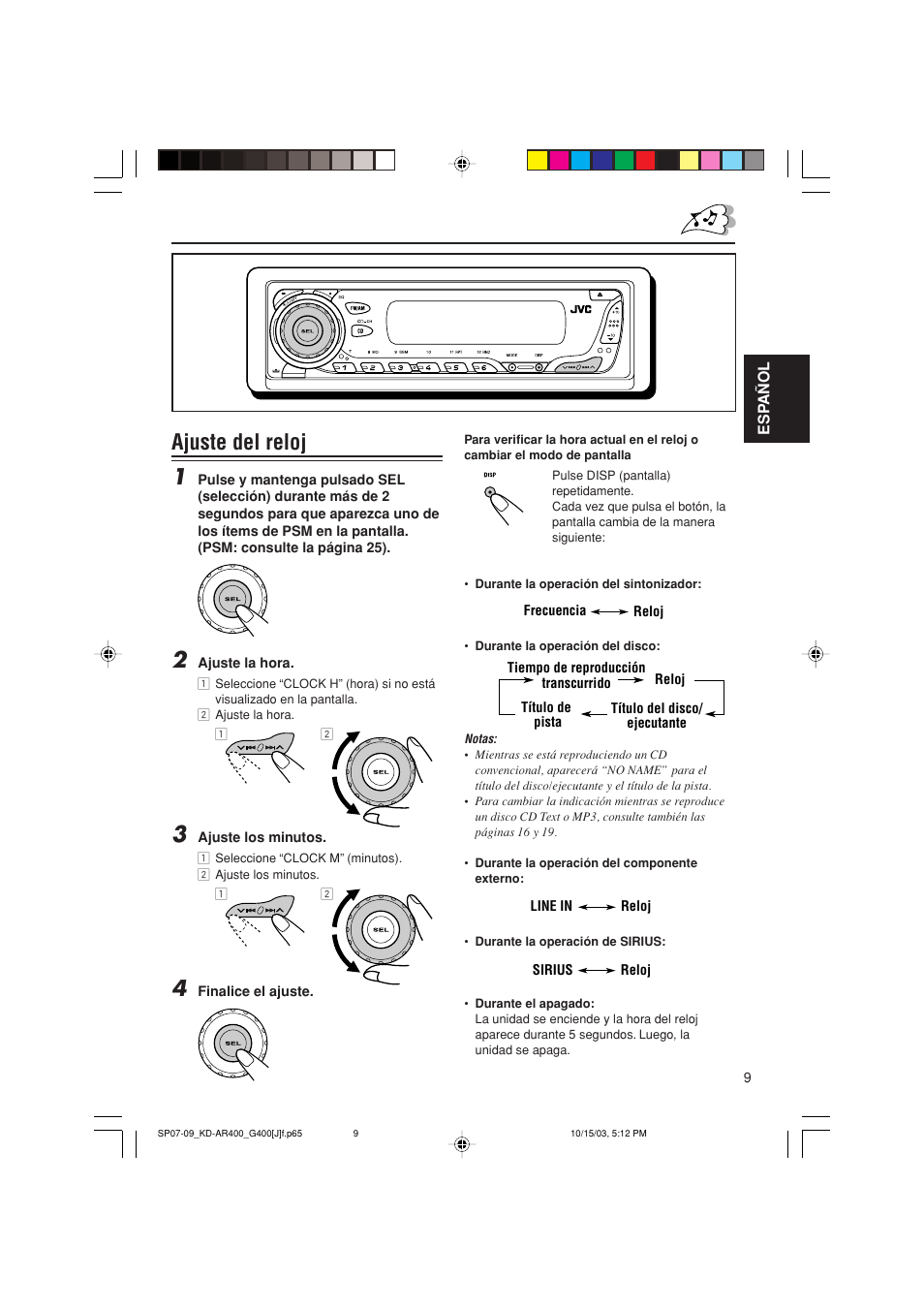 Ajuste del reloj 1 | JVC KD-AR400 User Manual | Page 45 / 111