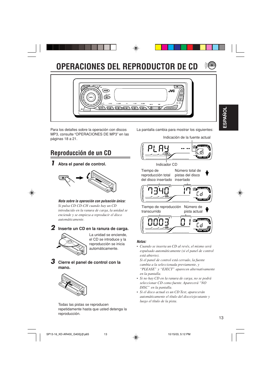 Operaciones del reproductor de cd, Reproducción de un cd 1 | JVC KD-AR400 User Manual | Page 49 / 111