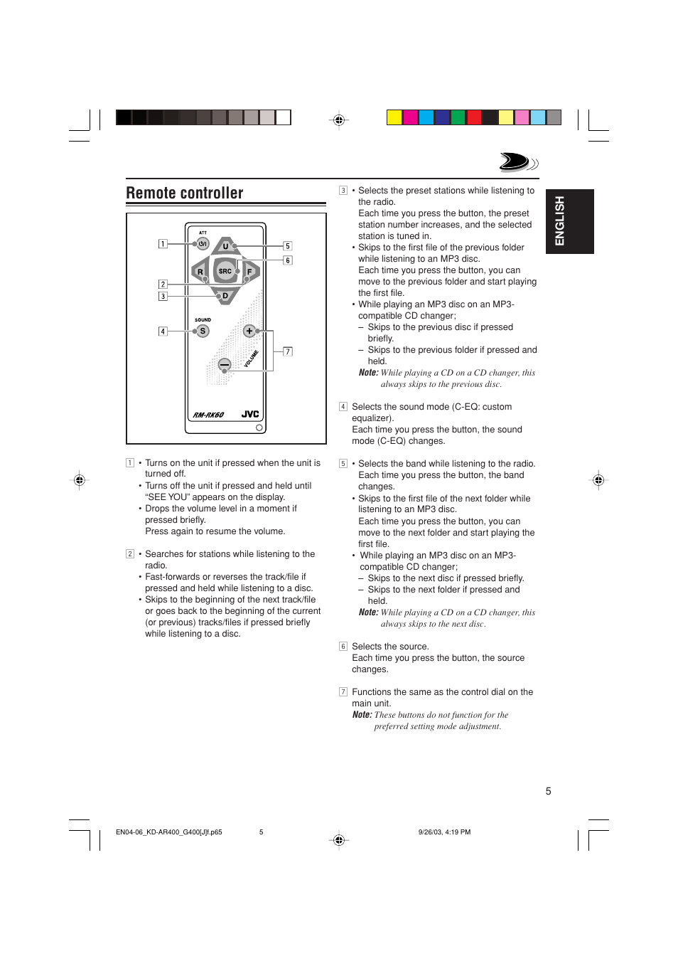 Remote controller, English | JVC KD-AR400 User Manual | Page 5 / 111