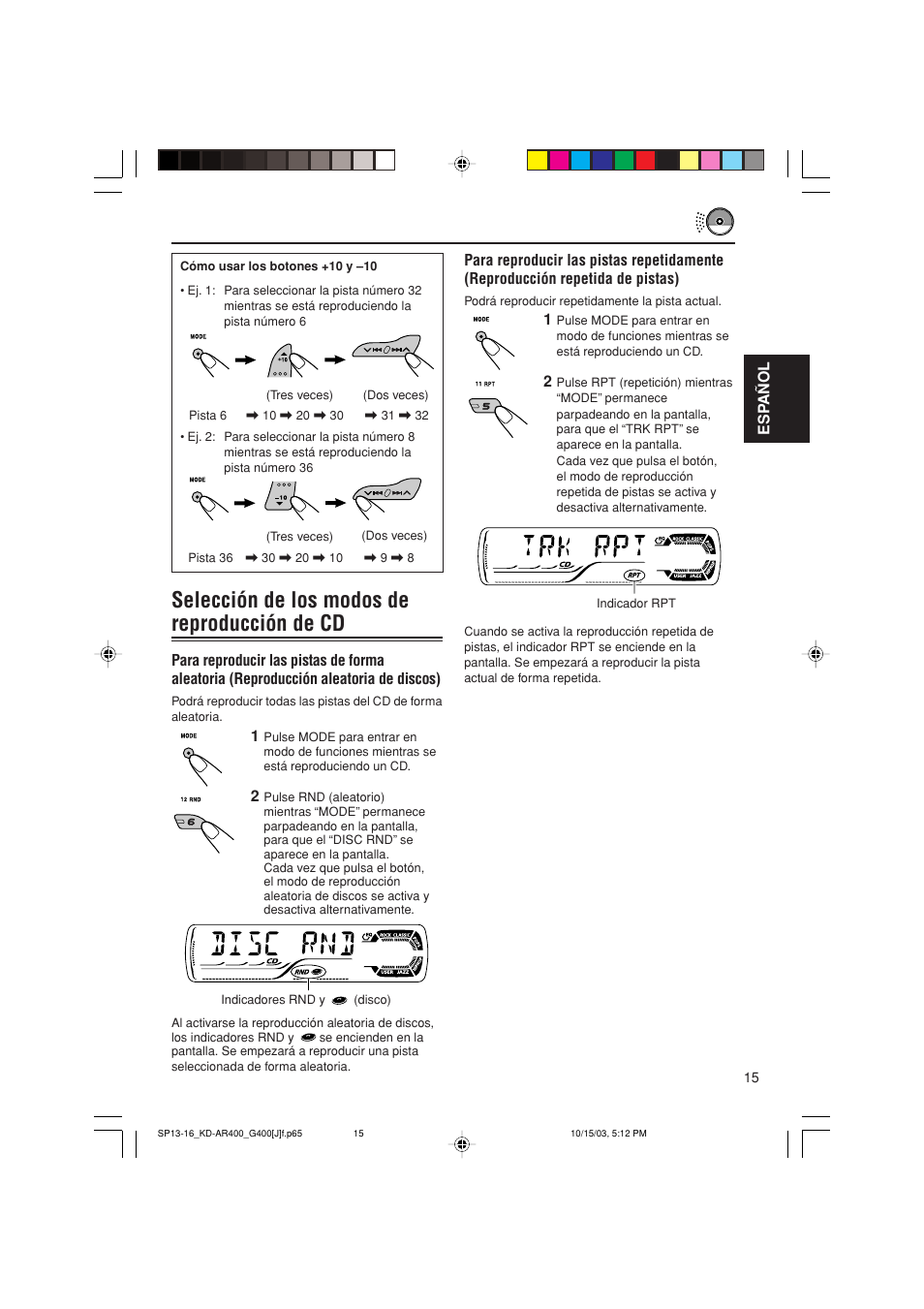 Selección de los modos de reproducción de cd | JVC KD-AR400 User Manual | Page 51 / 111