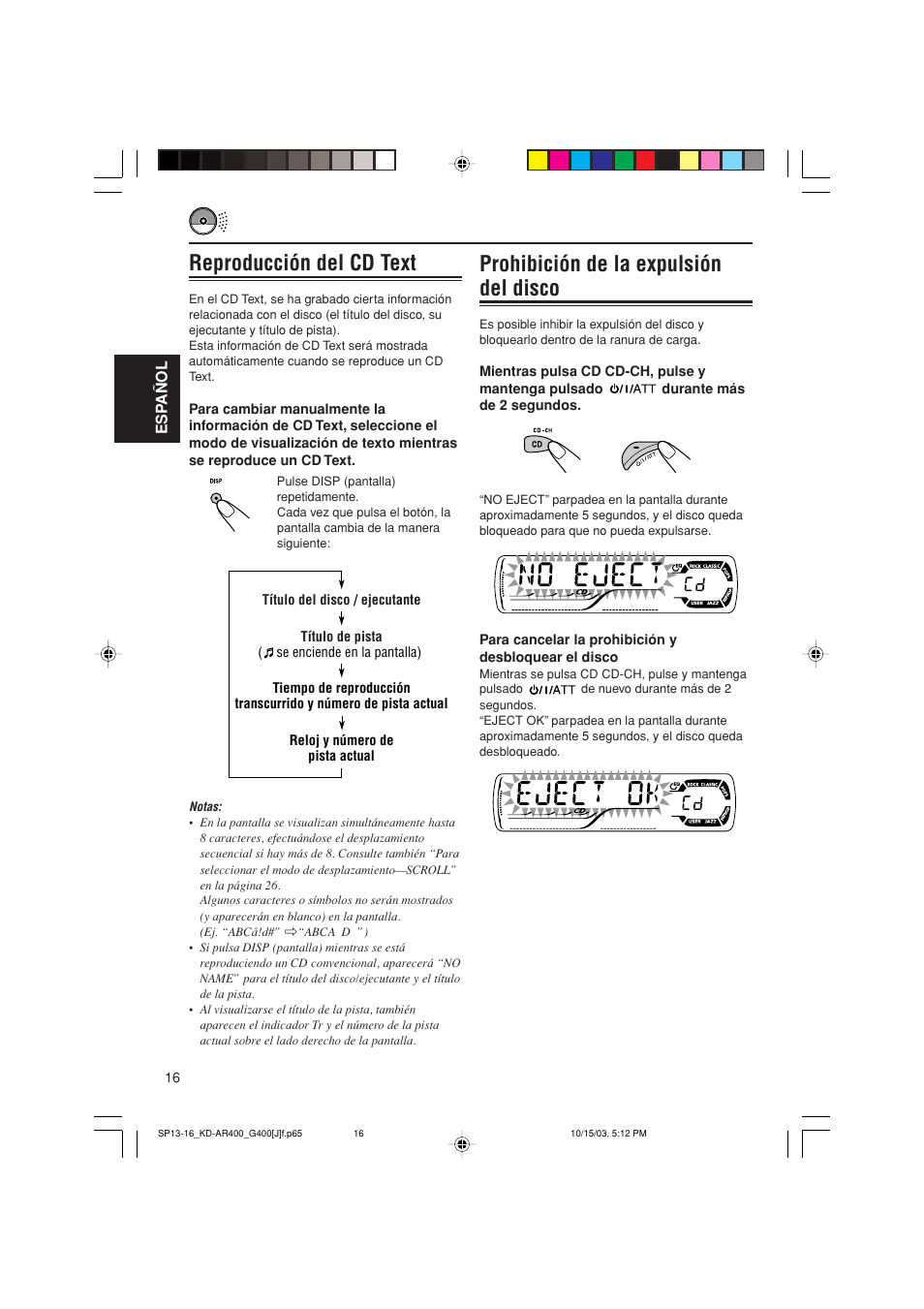 Prohibición de la expulsión del disco, Reproducción del cd text | JVC KD-AR400 User Manual | Page 52 / 111