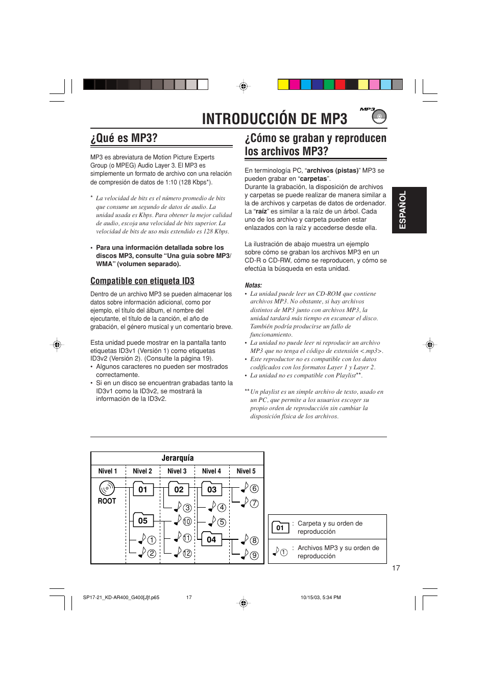 Introducción de mp3, Qué es mp3, Cómo se graban y reproducen los archivos mp3 | Compatible con etiqueta id3 | JVC KD-AR400 User Manual | Page 53 / 111