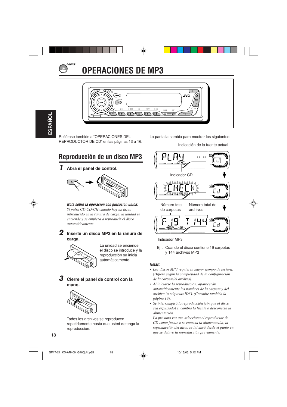 Operaciones de mp3, Reproducción de un disco mp3 1 | JVC KD-AR400 User Manual | Page 54 / 111