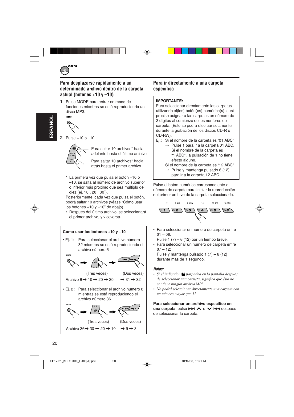 Esp a ñ ol, Para ir directamente a una carpeta específica | JVC KD-AR400 User Manual | Page 56 / 111