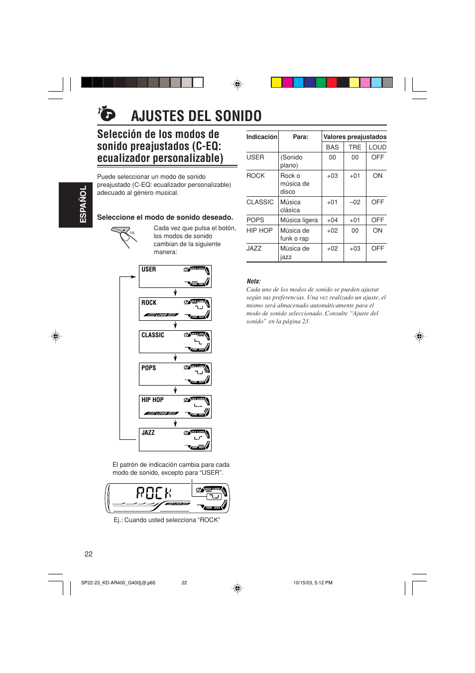 Ajustes del sonido | JVC KD-AR400 User Manual | Page 58 / 111