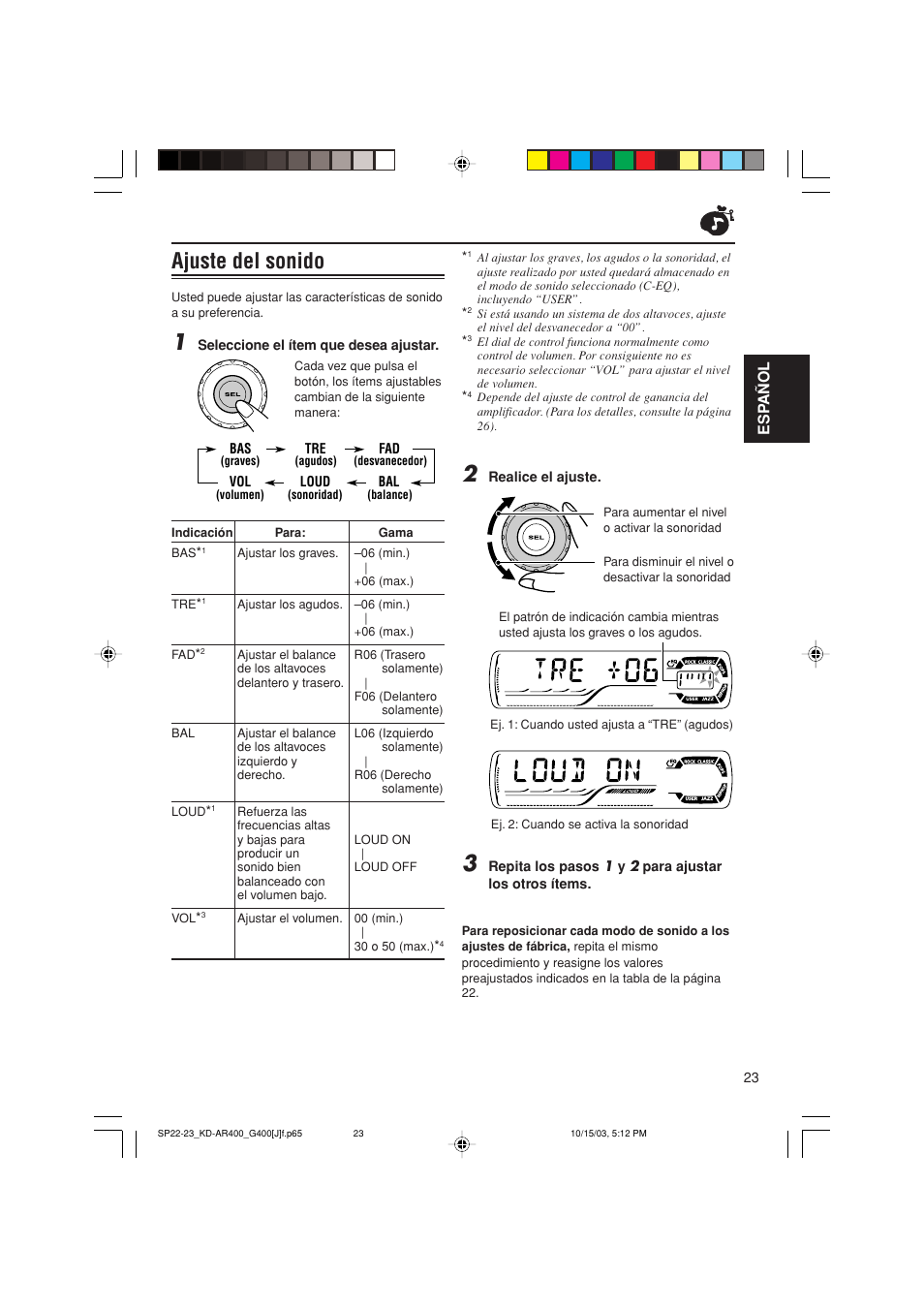 Ajuste del sonido, Esp a ñ ol | JVC KD-AR400 User Manual | Page 59 / 111