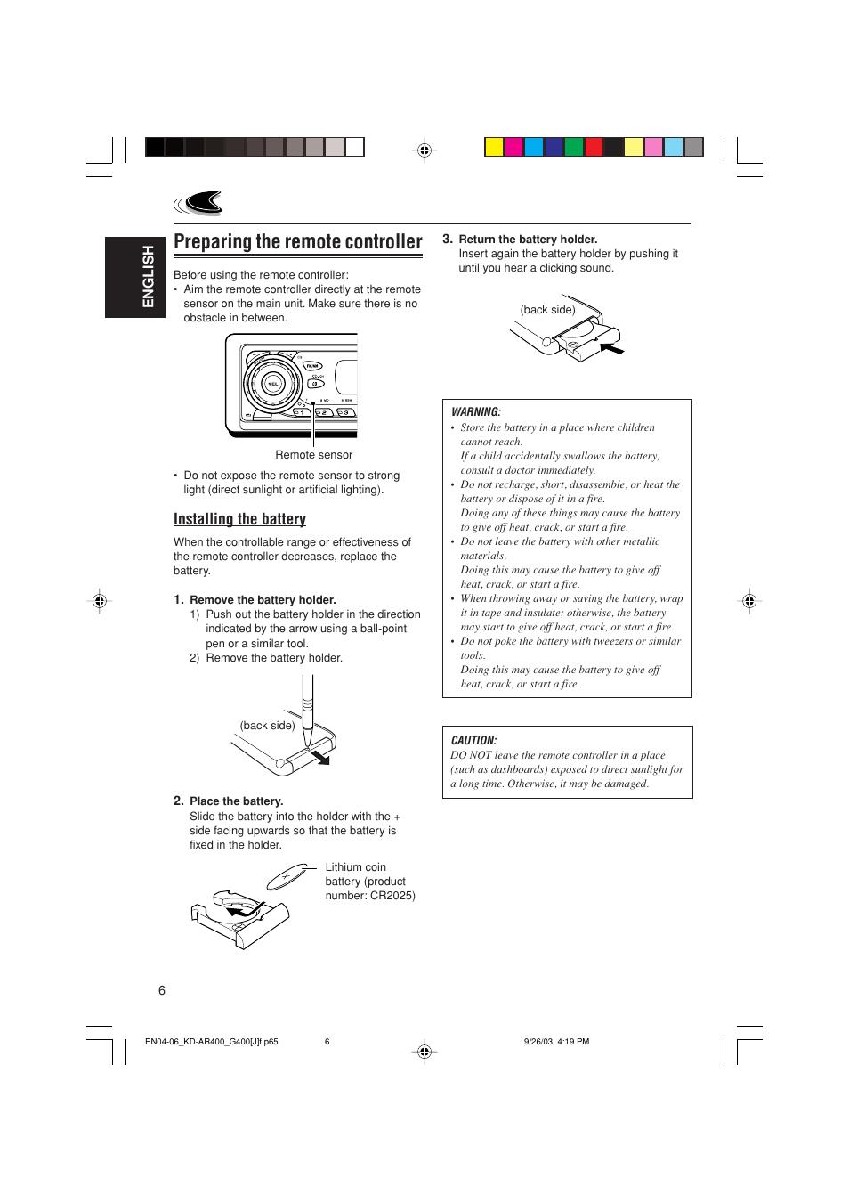 Preparing the remote controller, Installing the battery, English | JVC KD-AR400 User Manual | Page 6 / 111