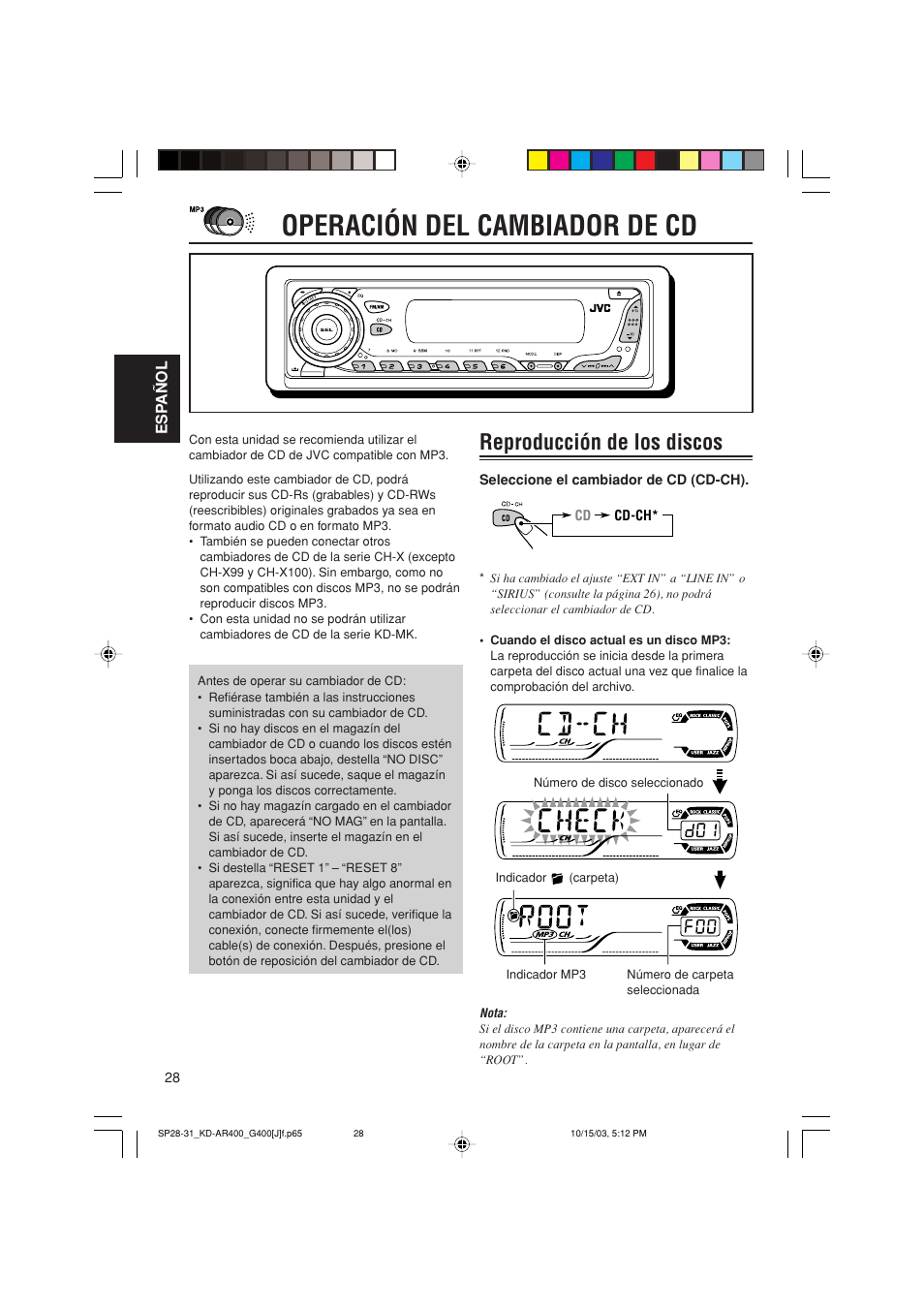 Operación del cambiador de cd, Reproducción de los discos | JVC KD-AR400 User Manual | Page 64 / 111