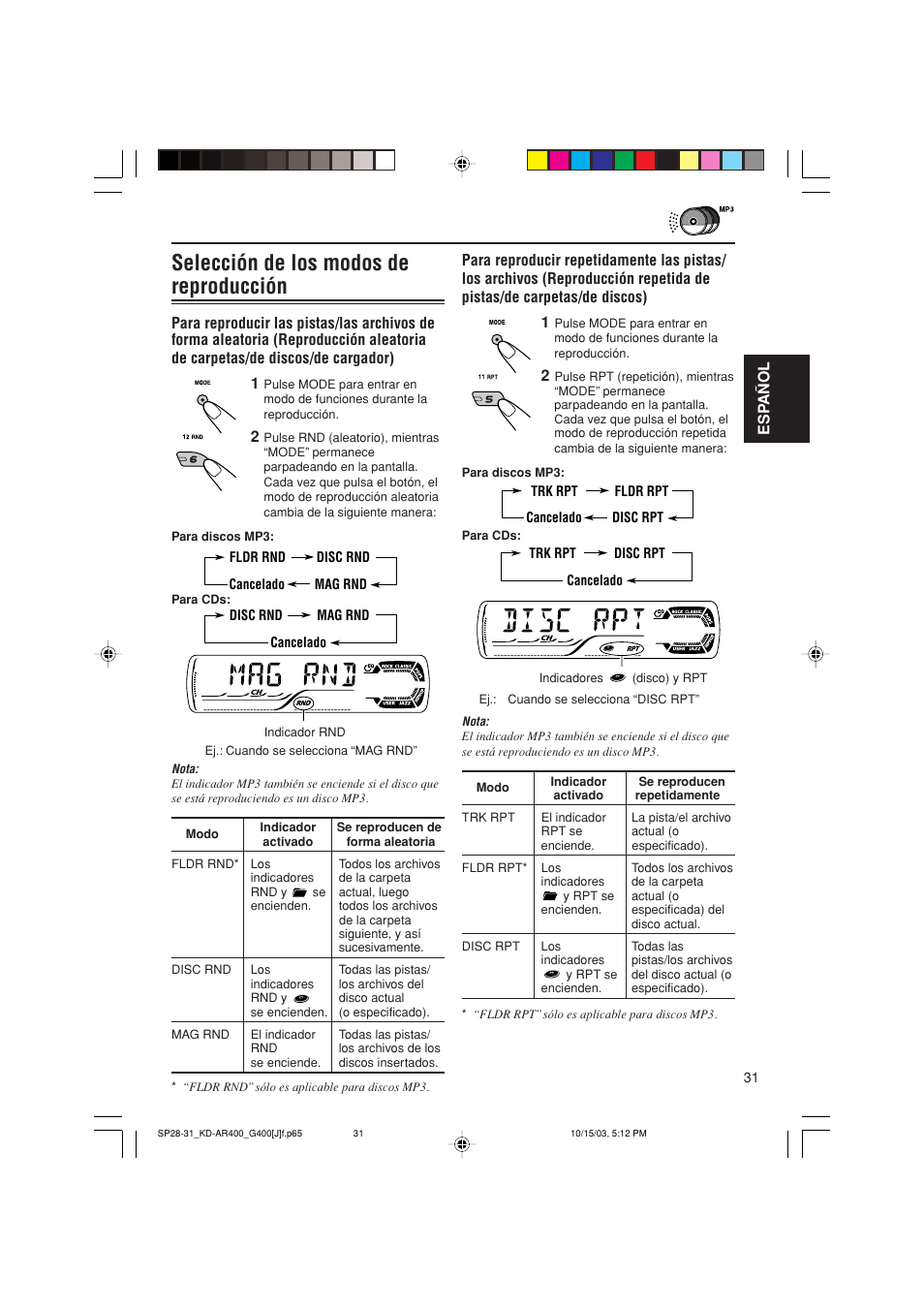 Selección de los modos de reproducción | JVC KD-AR400 User Manual | Page 67 / 111