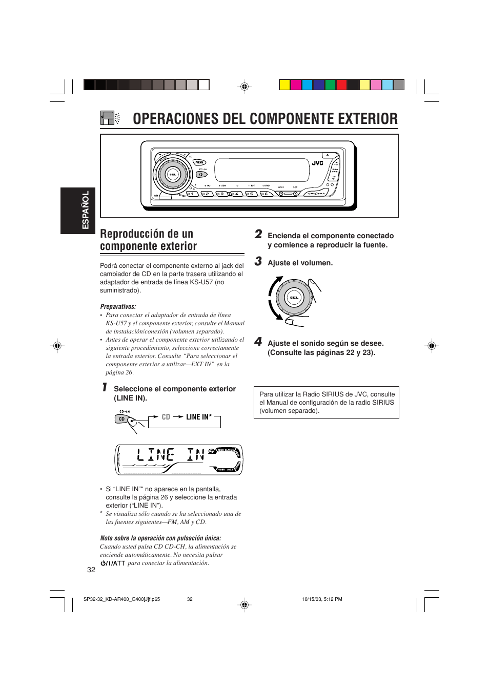 Operaciones del componente exterior, Reproducción de un componente exterior | JVC KD-AR400 User Manual | Page 68 / 111