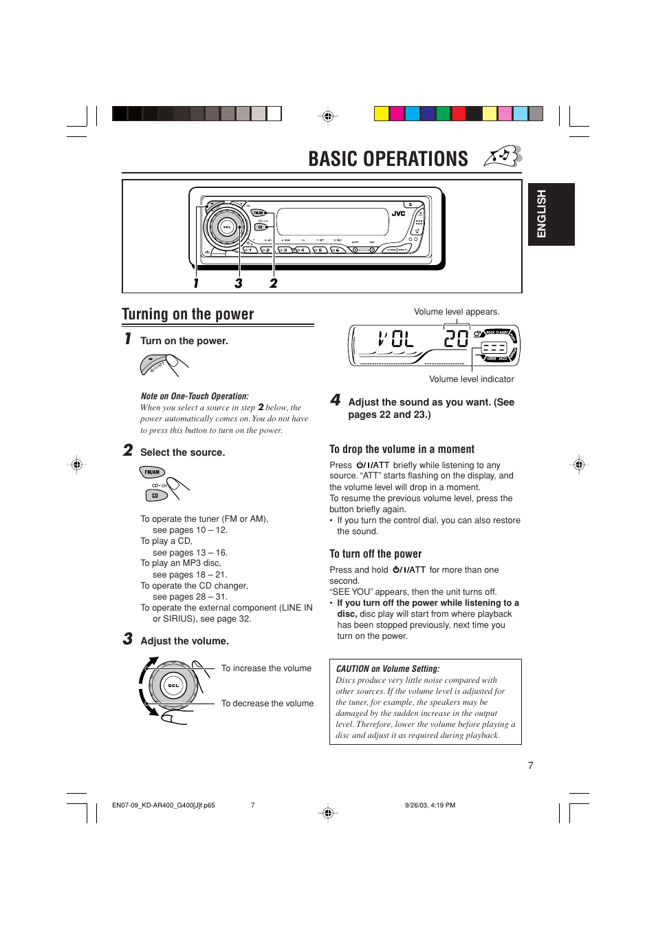 Basic operations, Turning on the power 1 | JVC KD-AR400 User Manual | Page 7 / 111