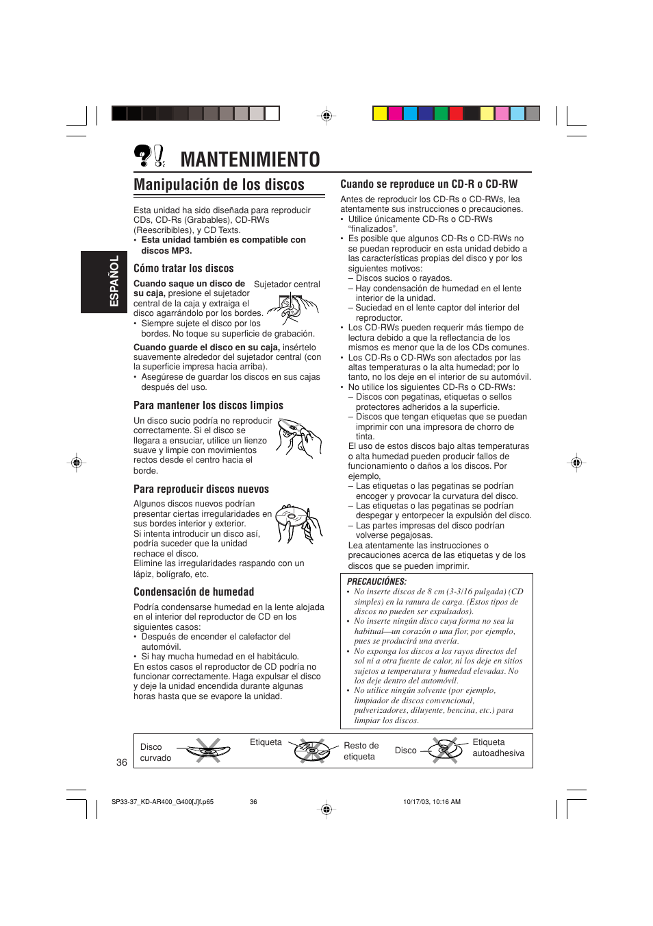 Mantenimiento, Manipulación de los discos | JVC KD-AR400 User Manual | Page 72 / 111