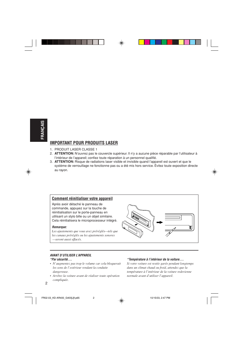 Important pour produits laser, Français comment réinitialiser votre appareil | JVC KD-AR400 User Manual | Page 74 / 111