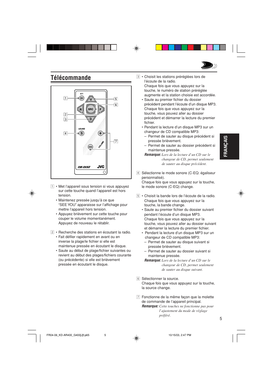 Télécommande, Fran ç ais | JVC KD-AR400 User Manual | Page 77 / 111