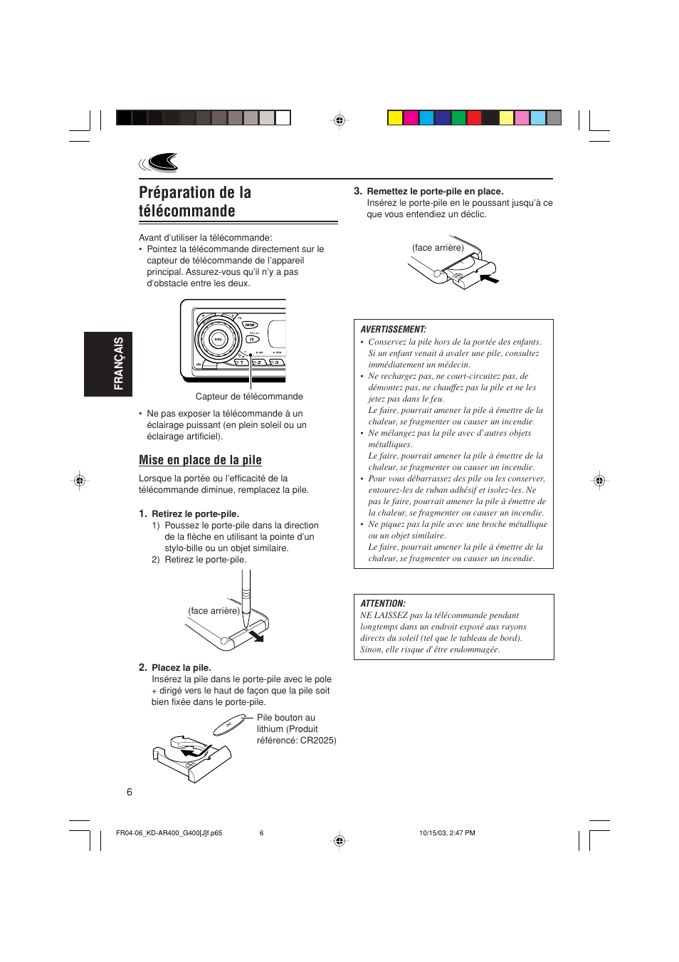 Préparation de la télécommande, Mise en place de la pile | JVC KD-AR400 User Manual | Page 78 / 111