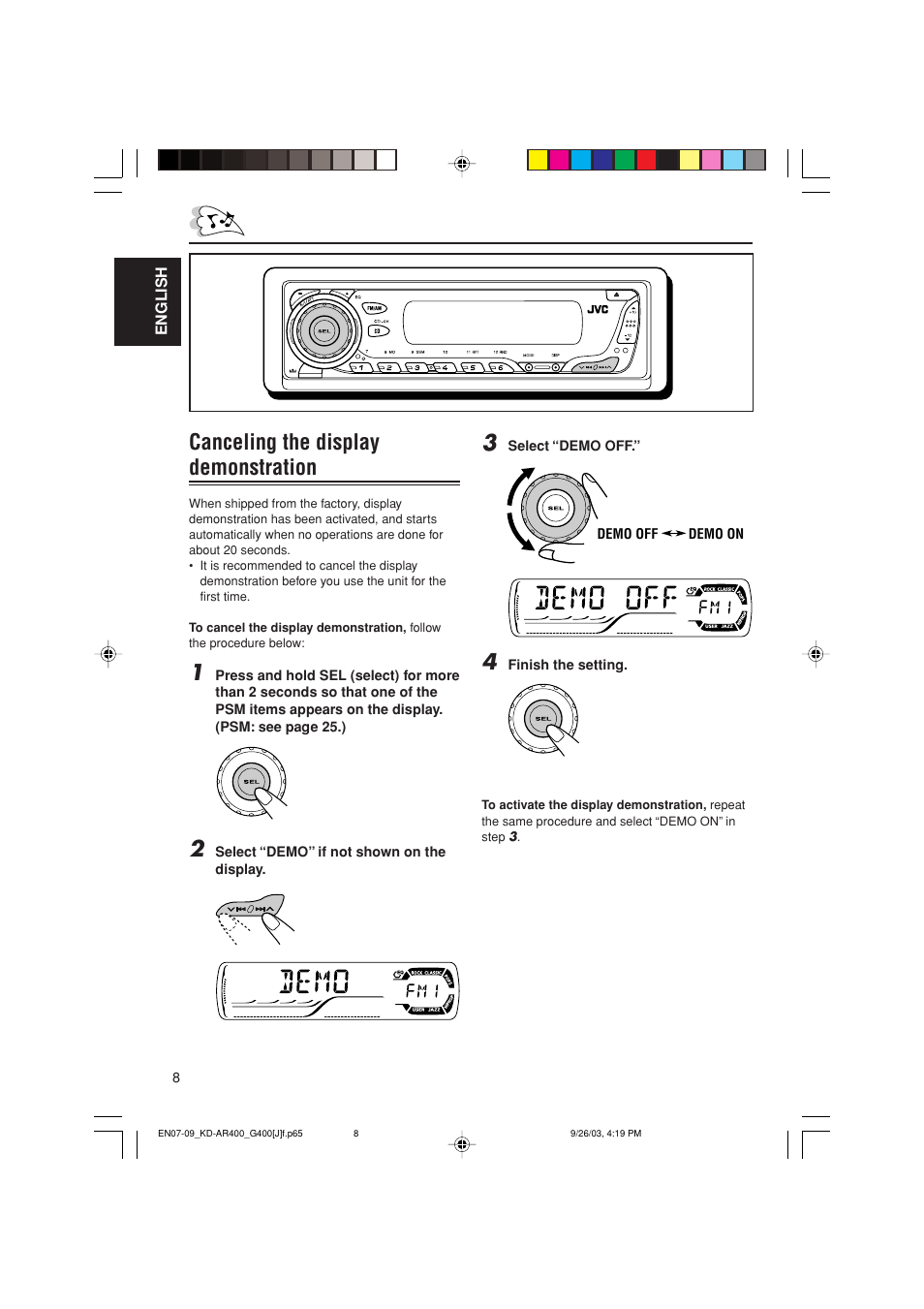 Canceling the display demonstration | JVC KD-AR400 User Manual | Page 8 / 111