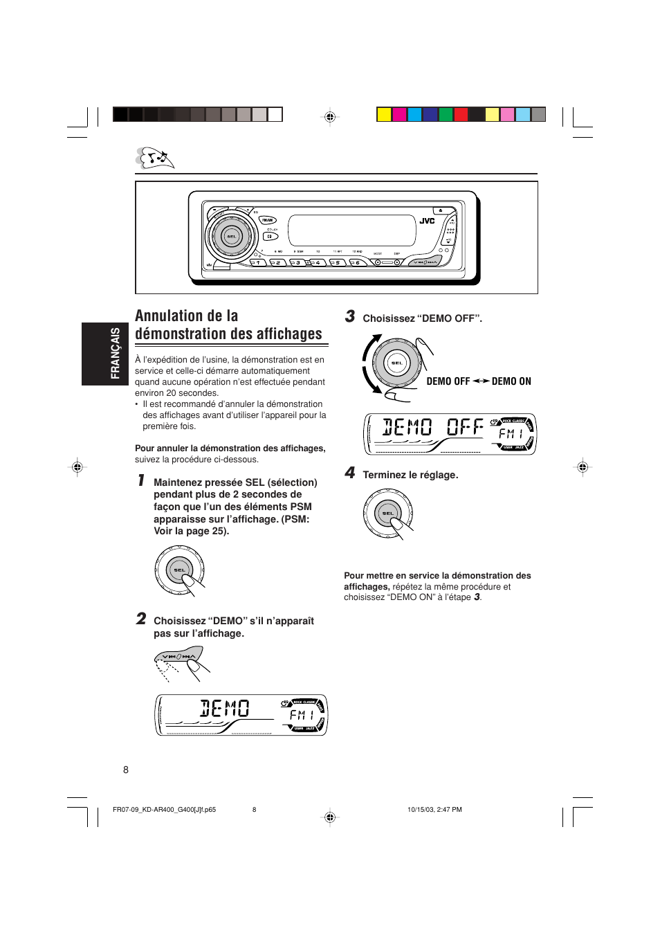 Annulation de la démonstration des affichages | JVC KD-AR400 User Manual | Page 80 / 111