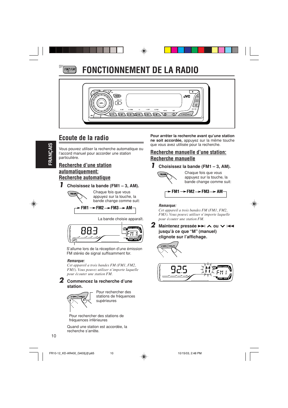 Fonctionnement de la radio, Ecoute de la radio | JVC KD-AR400 User Manual | Page 82 / 111