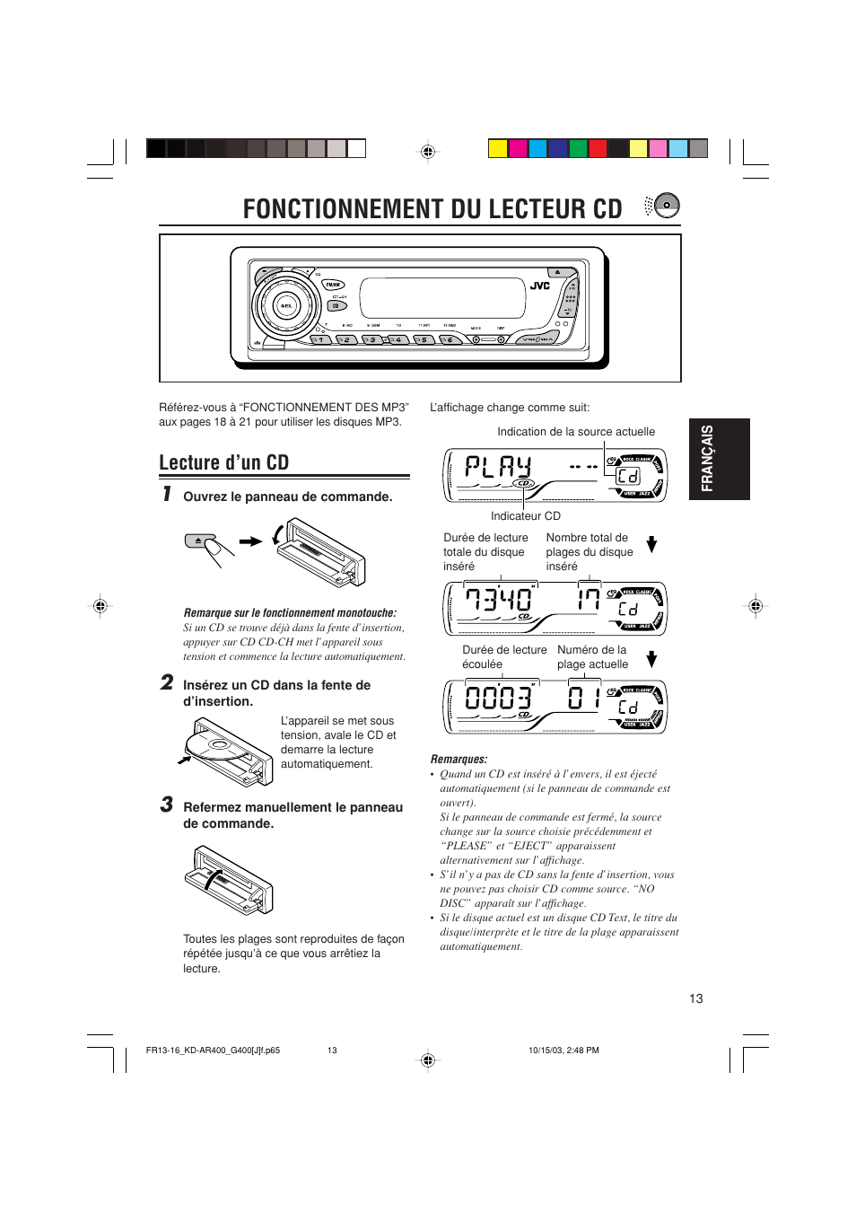 Fonctionnement du lecteur cd, Lecture d’un cd 1 | JVC KD-AR400 User Manual | Page 85 / 111