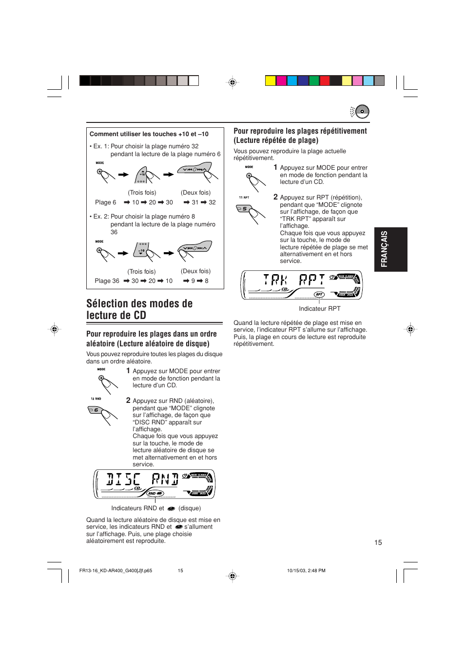 Sélection des modes de lecture de cd | JVC KD-AR400 User Manual | Page 87 / 111