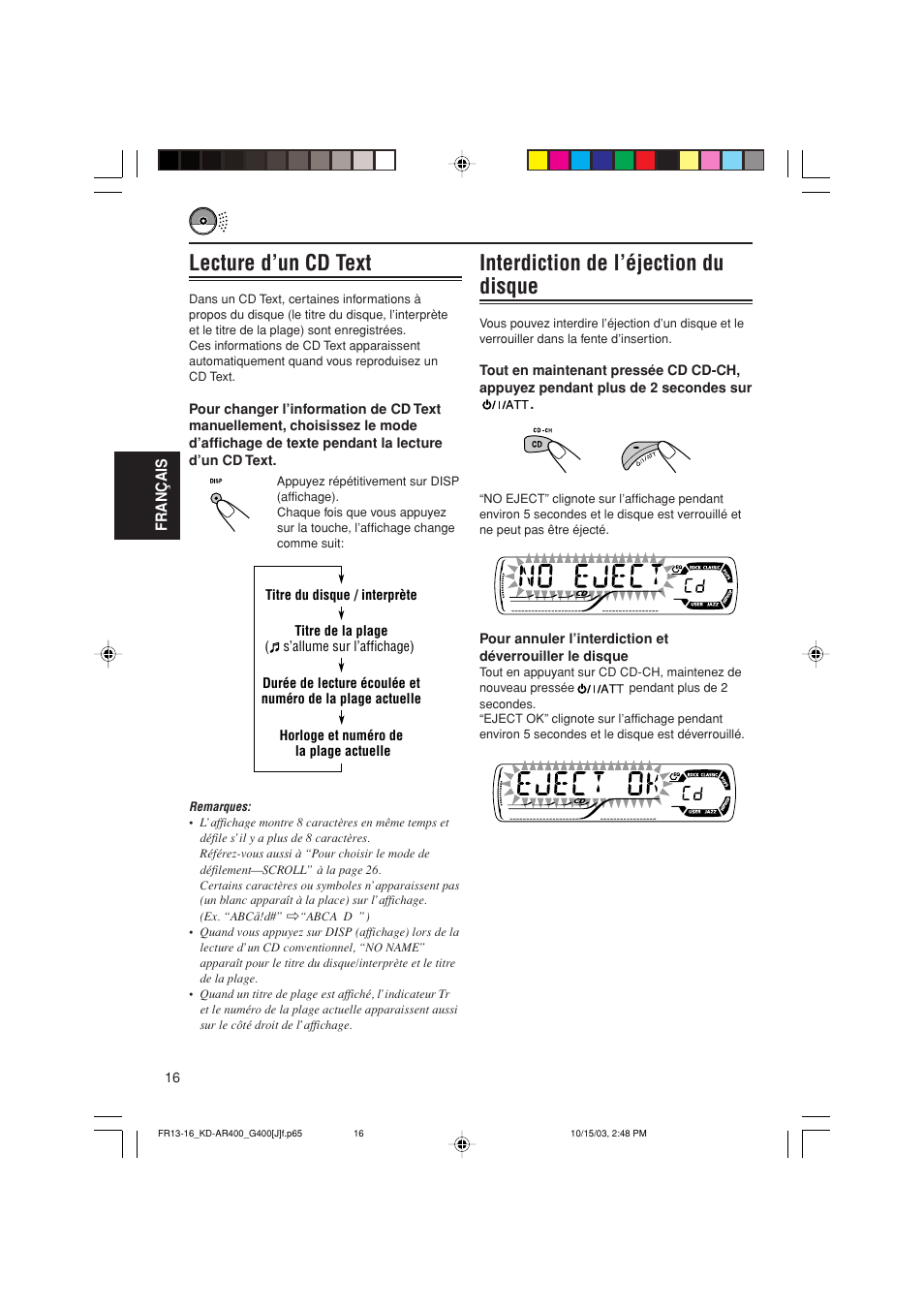 Interdiction de l’éjection du disque, Lecture d’un cd text | JVC KD-AR400 User Manual | Page 88 / 111