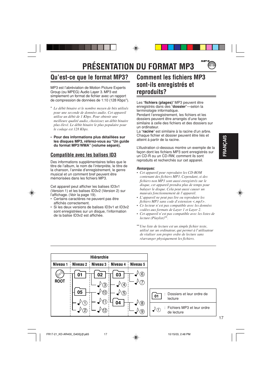 Présentation du format mp3, Qu’est-ce que le format mp3, Compatible avec les balises id3 | JVC KD-AR400 User Manual | Page 89 / 111