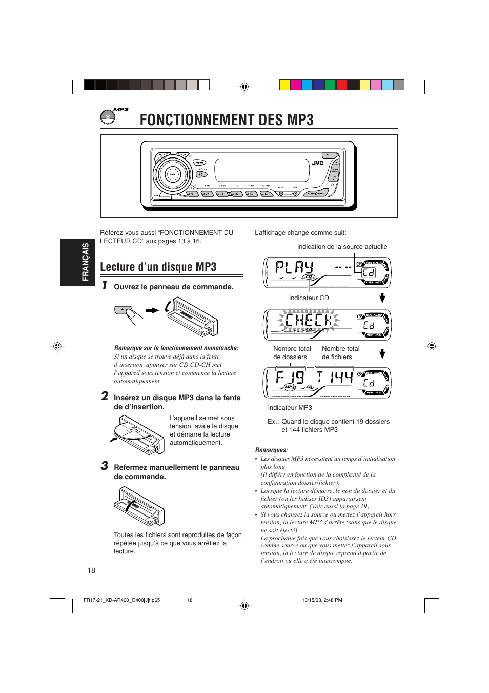 Fonctionnement des mp3, Lecture d’un disque mp3 1 | JVC KD-AR400 User Manual | Page 90 / 111